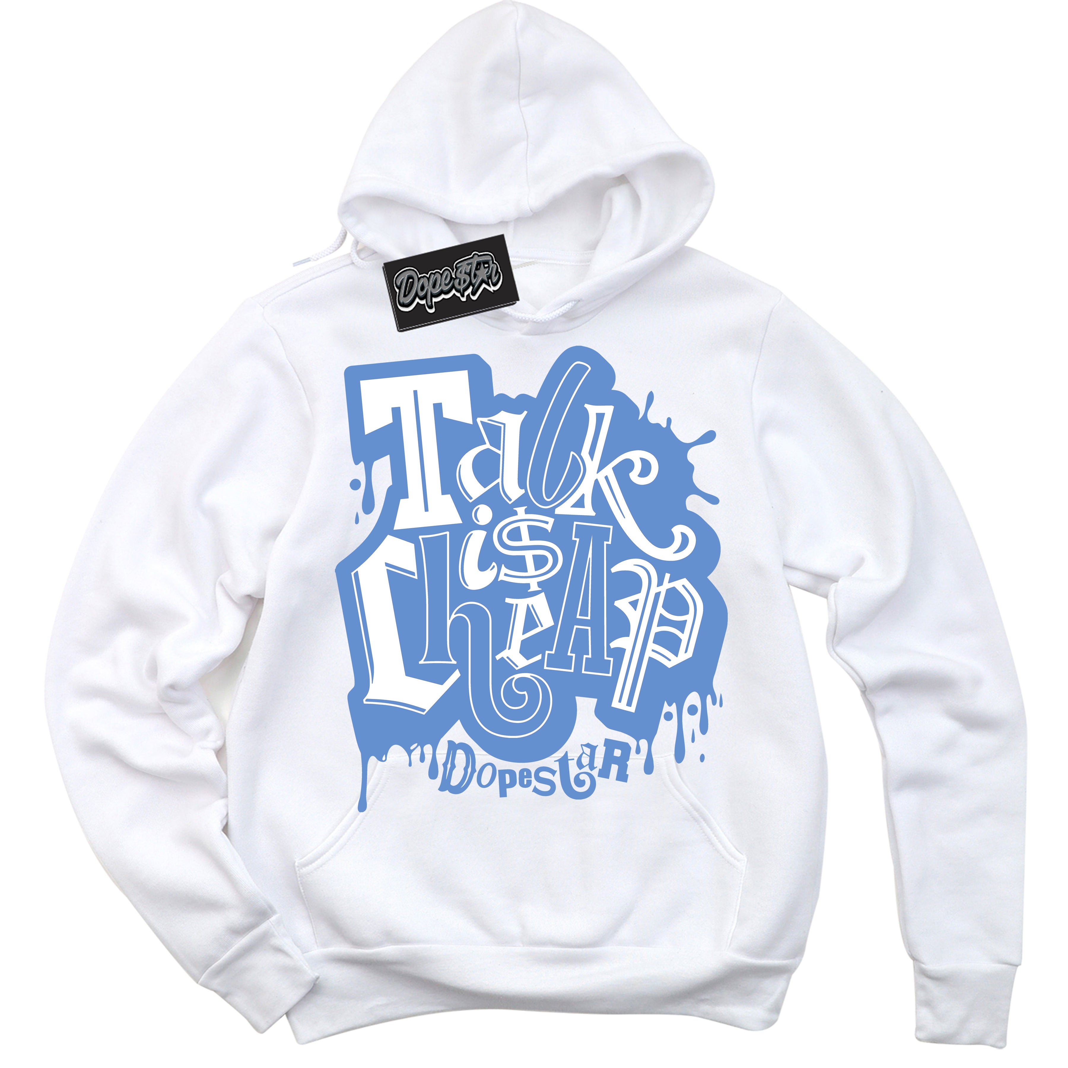 Cool White Hoodie with “ Talk Is Cheap ”  design that Perfectly Matches Polar Blue Dunk.
