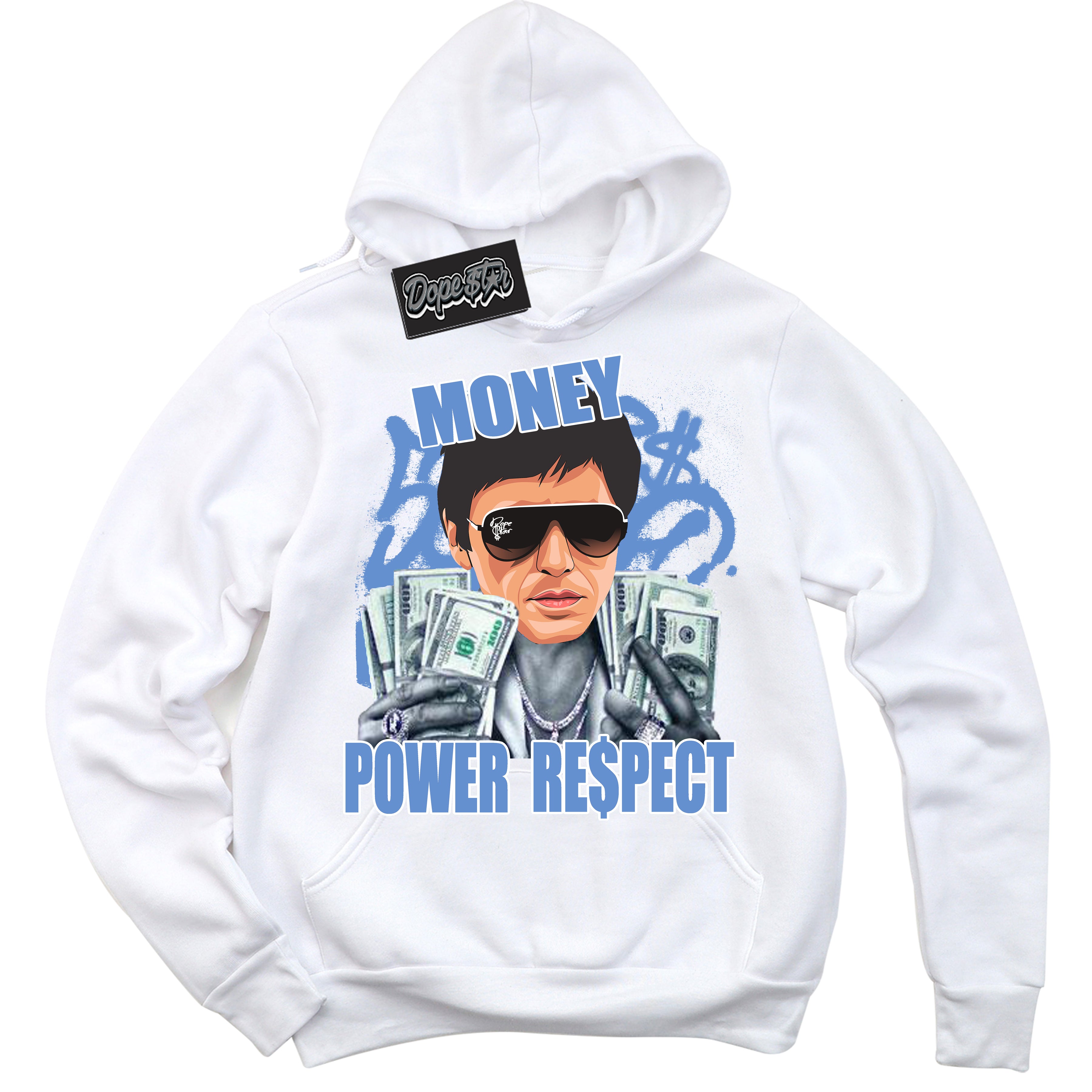 Cool White Hoodie with “ Tony Montana ”  design that Perfectly Matches Polar Blue Dunk.
