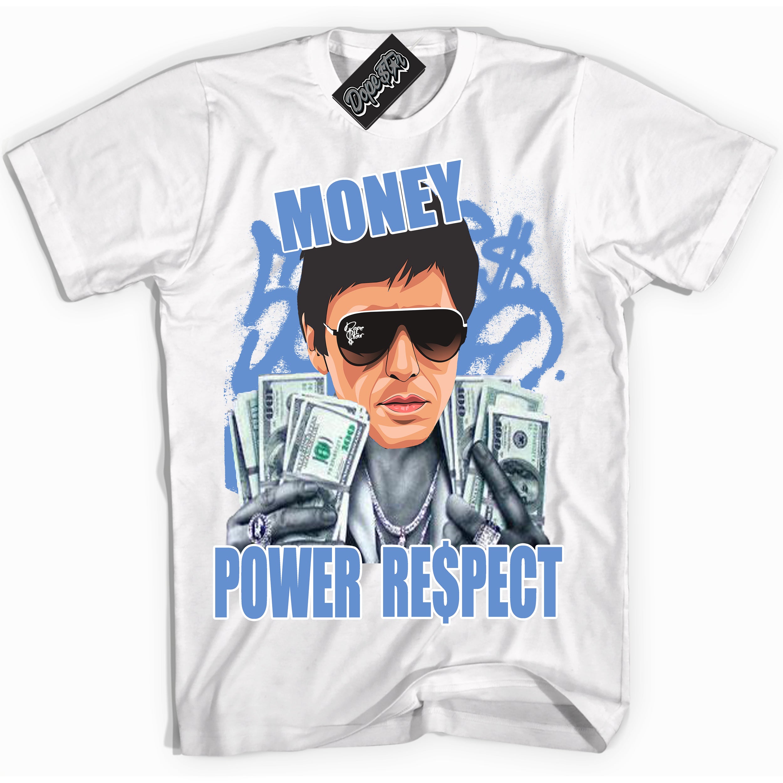 Cool White Shirt with “ Tony Montana ” design that perfectly matches Polar Blue Dunk.
