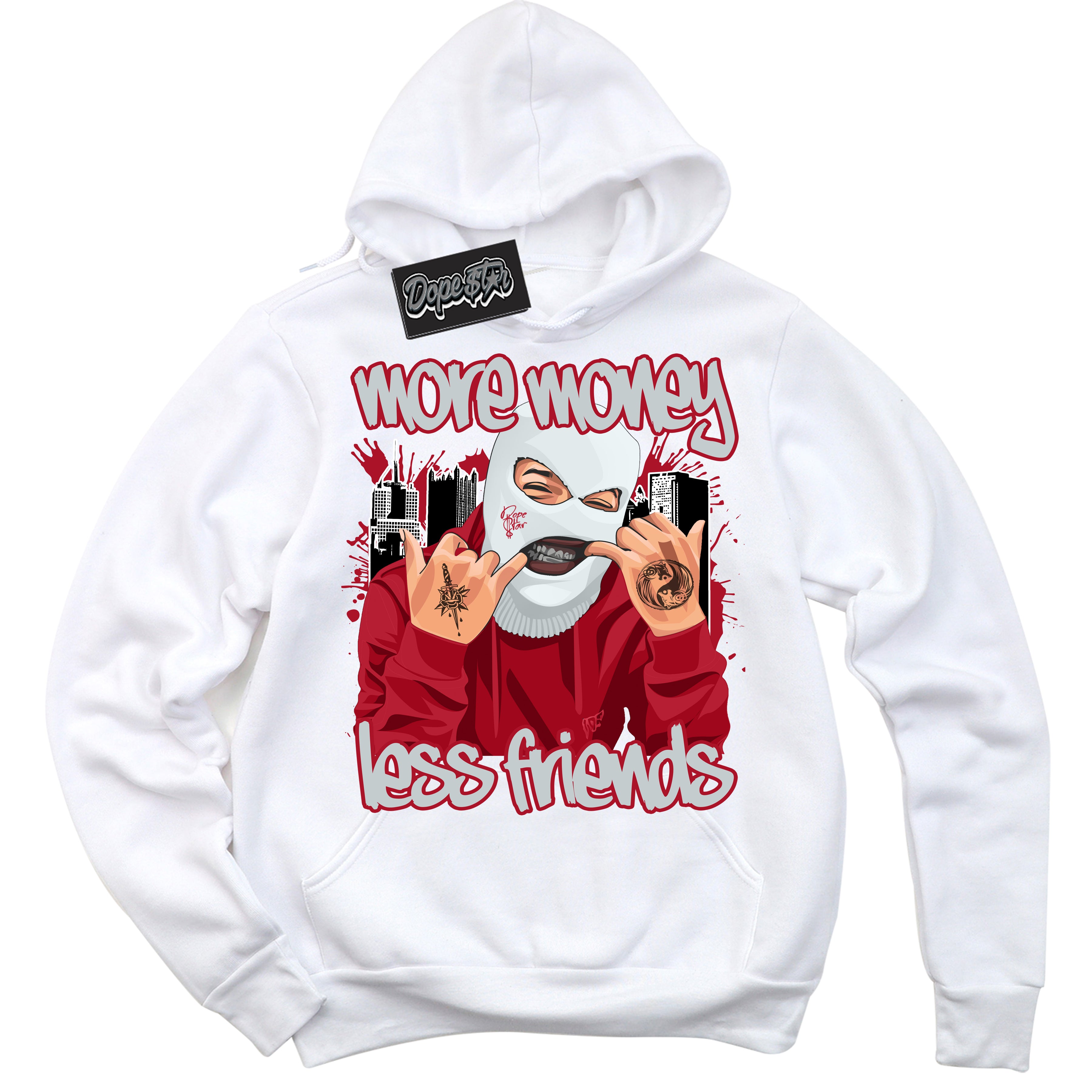 Cool White Hoodie with “ More Money Less Friends ”  design that Perfectly Matches  Reverse Ultraman Sneakers.