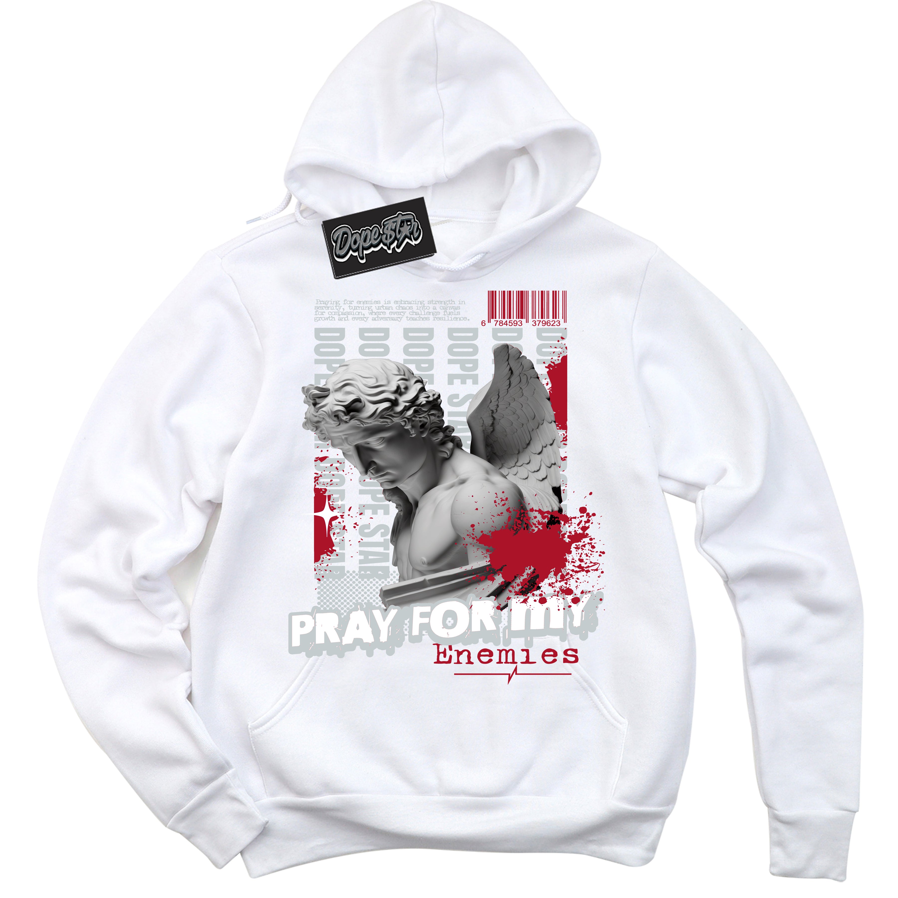 Cool White Hoodie with “ Pray Enemies ”  design that Perfectly Matches Reverse Ultraman Sneakers.