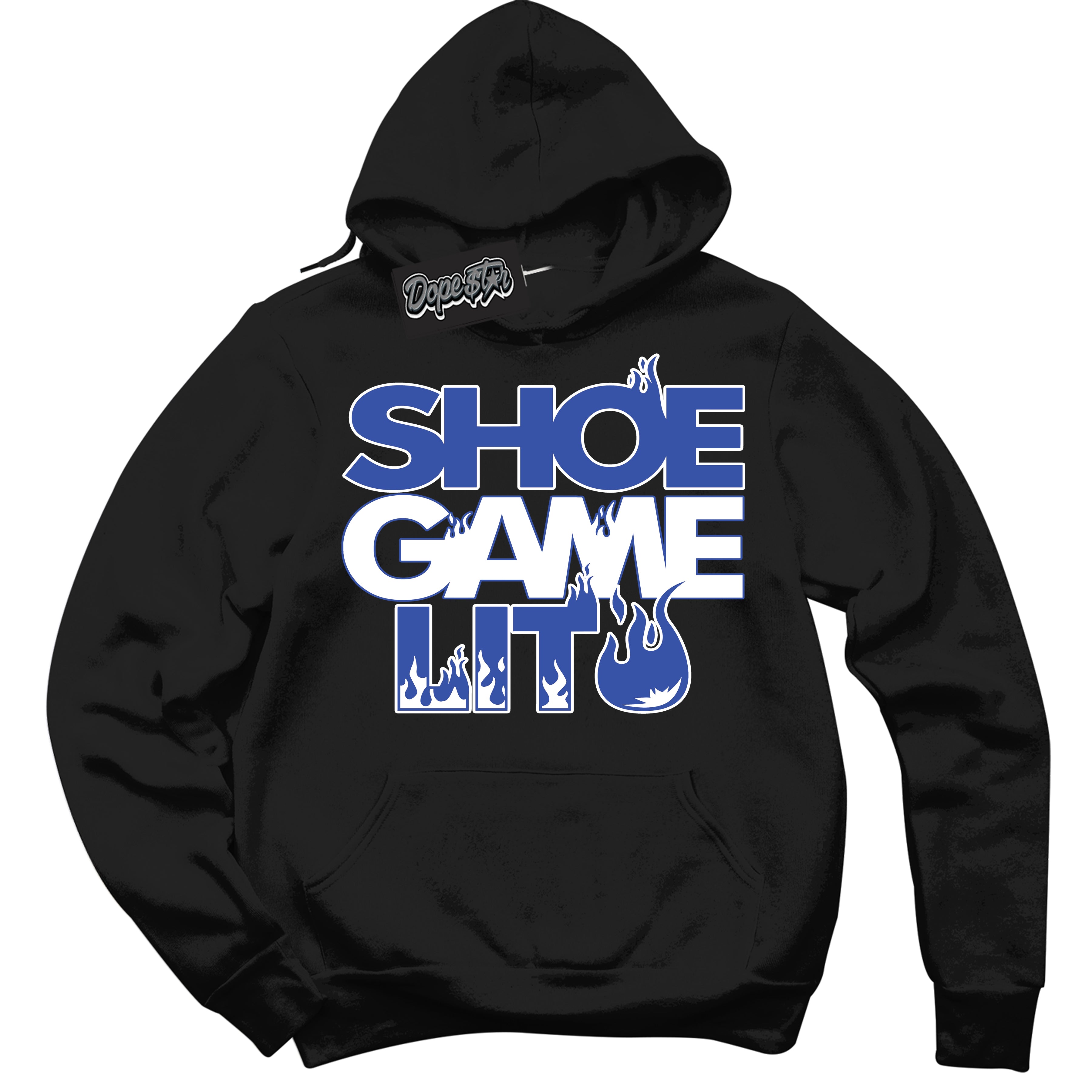 Cool Black Shirt with “ Shoe Game Lit ” design that perfectly matches Racer Blue Photon Dust Sneakers.