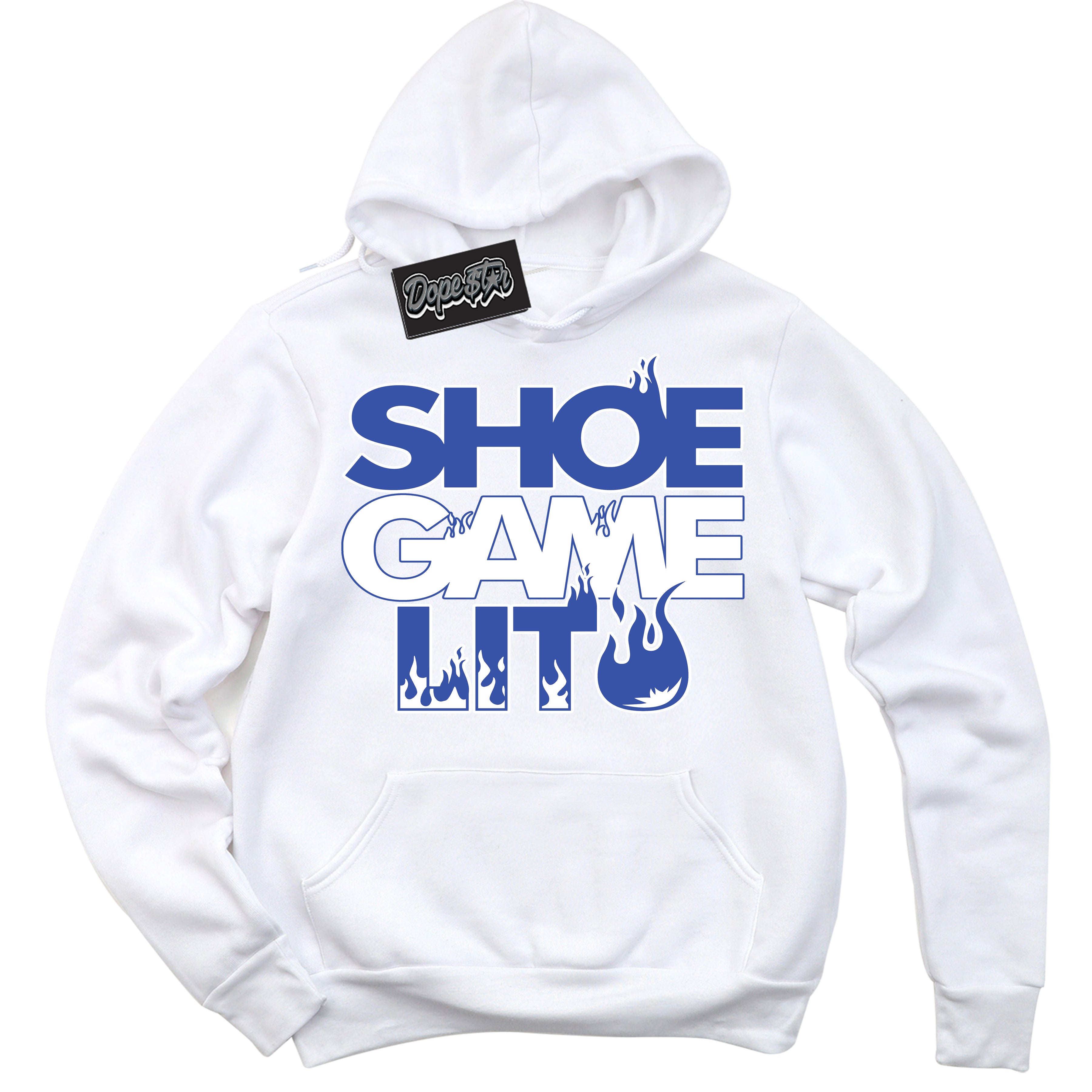 Cool White Shirt with “ Shoe Game Lit ” design that perfectly matches Racer Blue Photon Dust Sneakers.