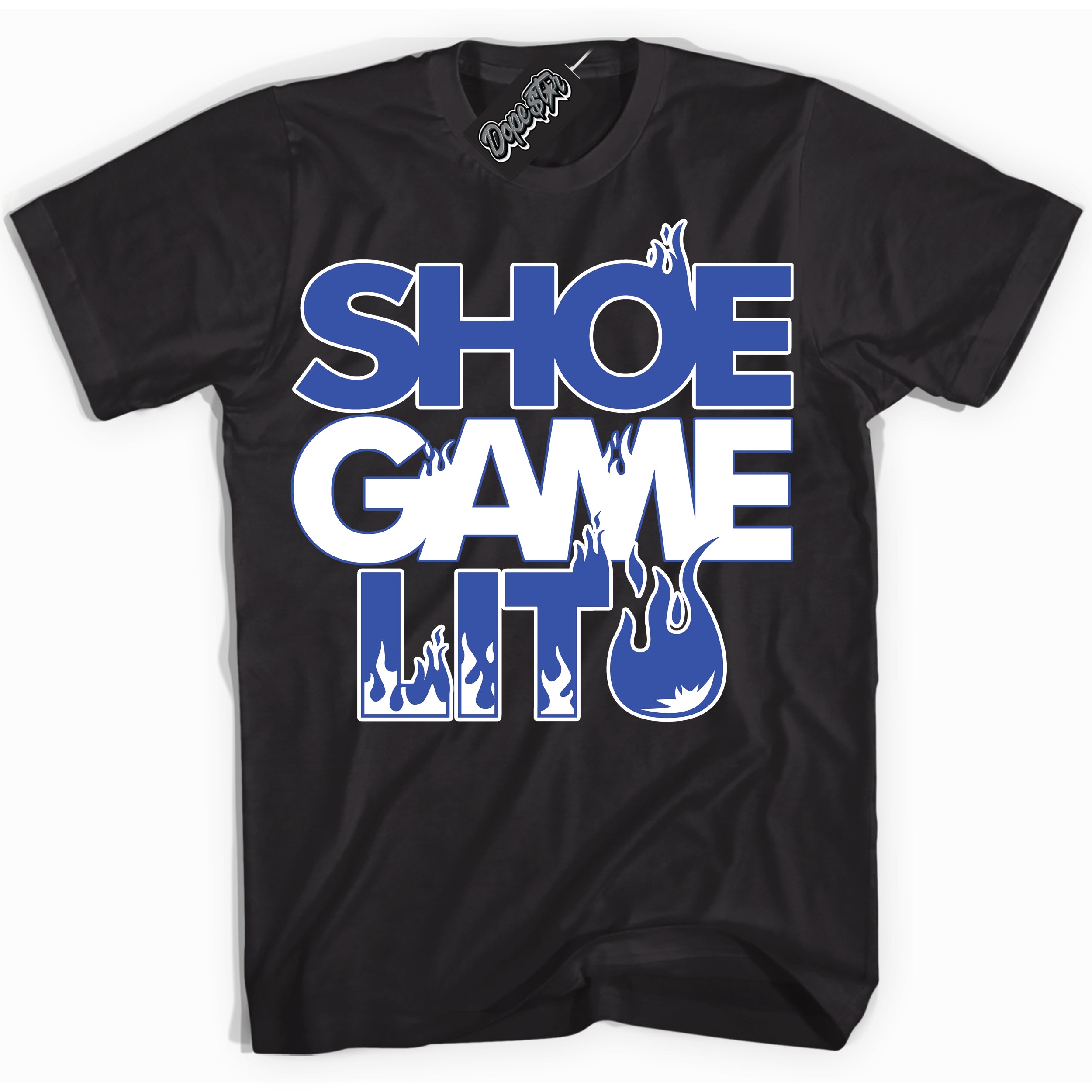 Cool Black Shirt with “ Shoe Game Lit ” design that perfectly matches Racer Blue Photon Dust Sneakers.