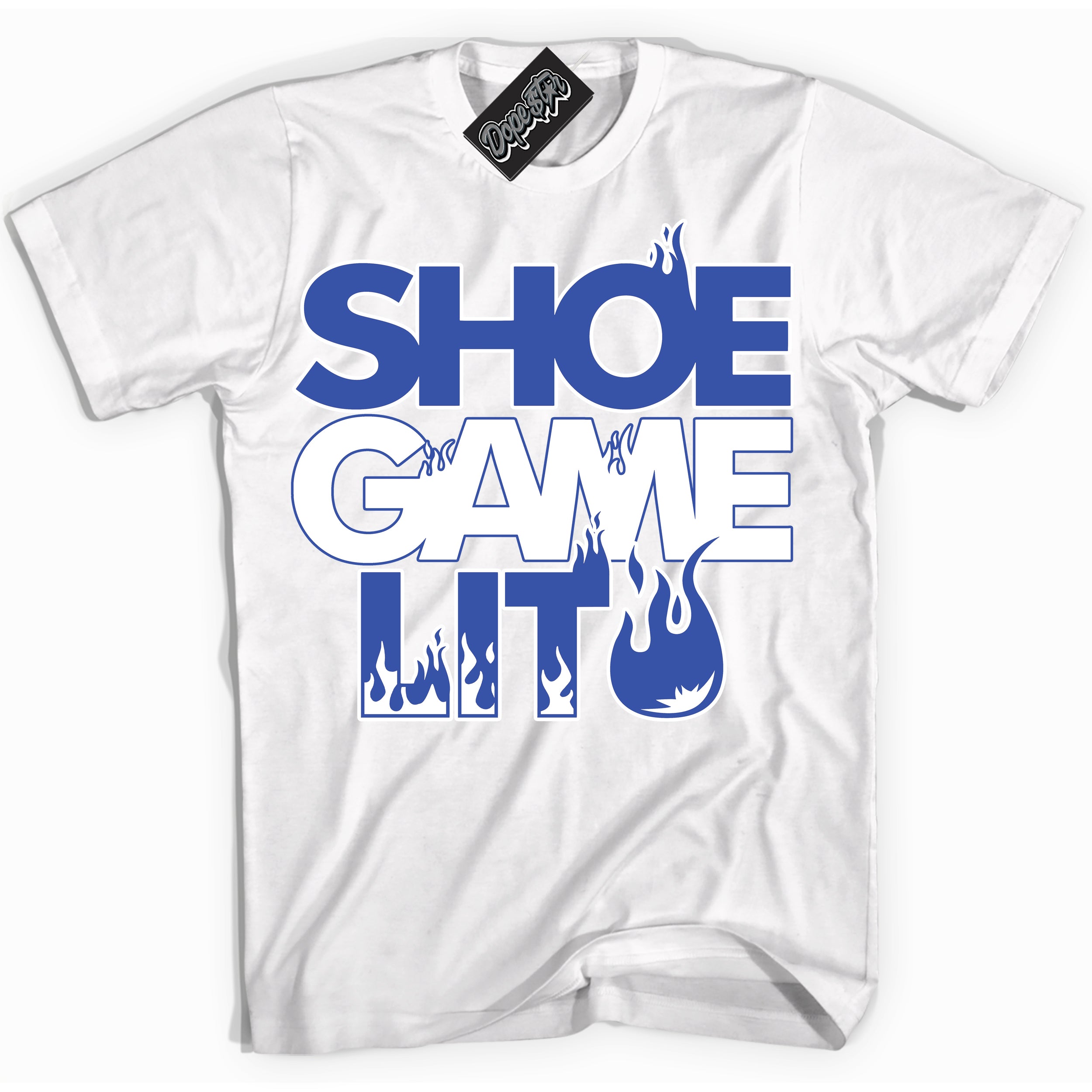 Cool White Shirt with “ Shoe Game Lit ” design that perfectly matches Racer Blue Photon Dust Sneakers.