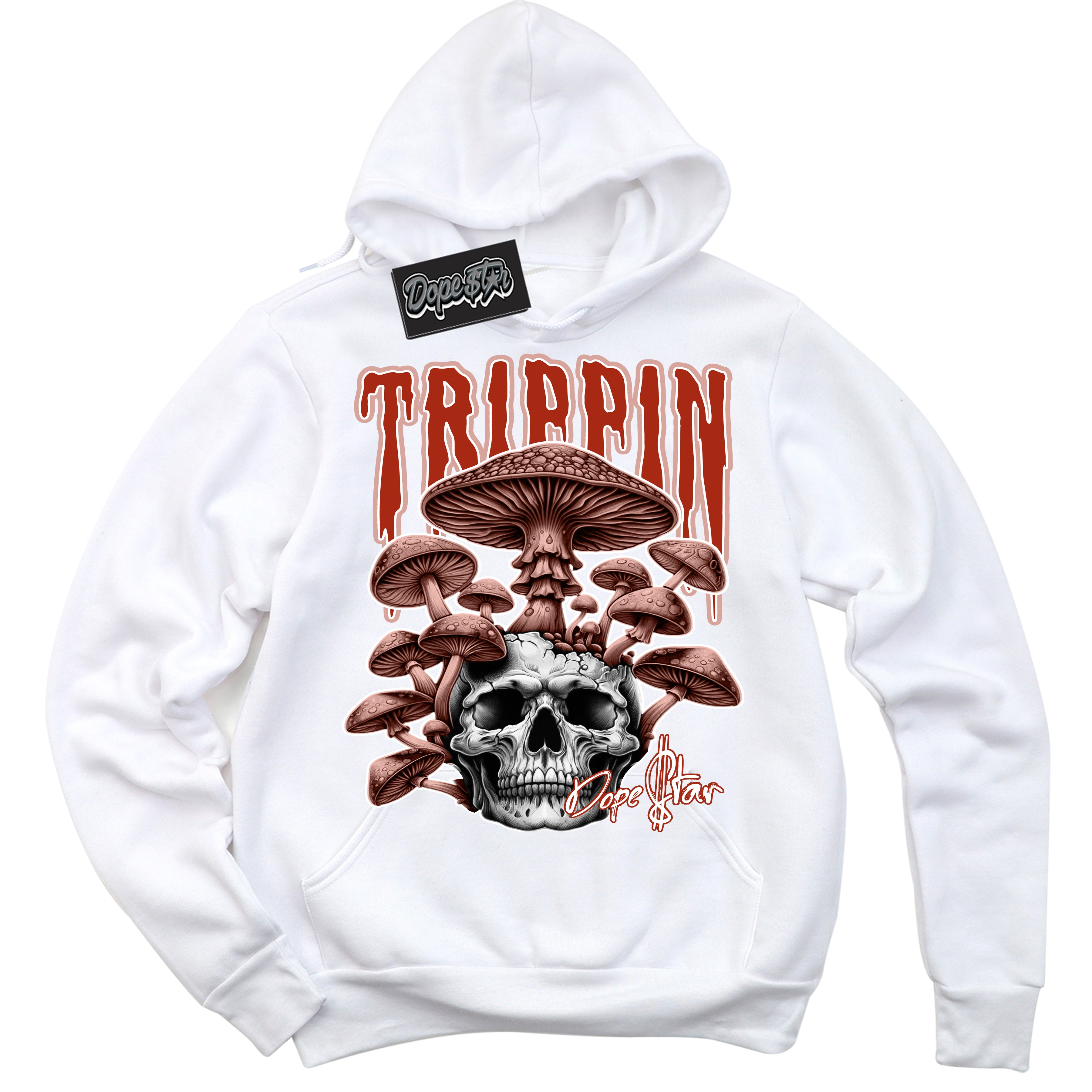 Cool White Hoodie with “Trippin” design that Perfectly Matches Red Stardust Dunk Sneakers.