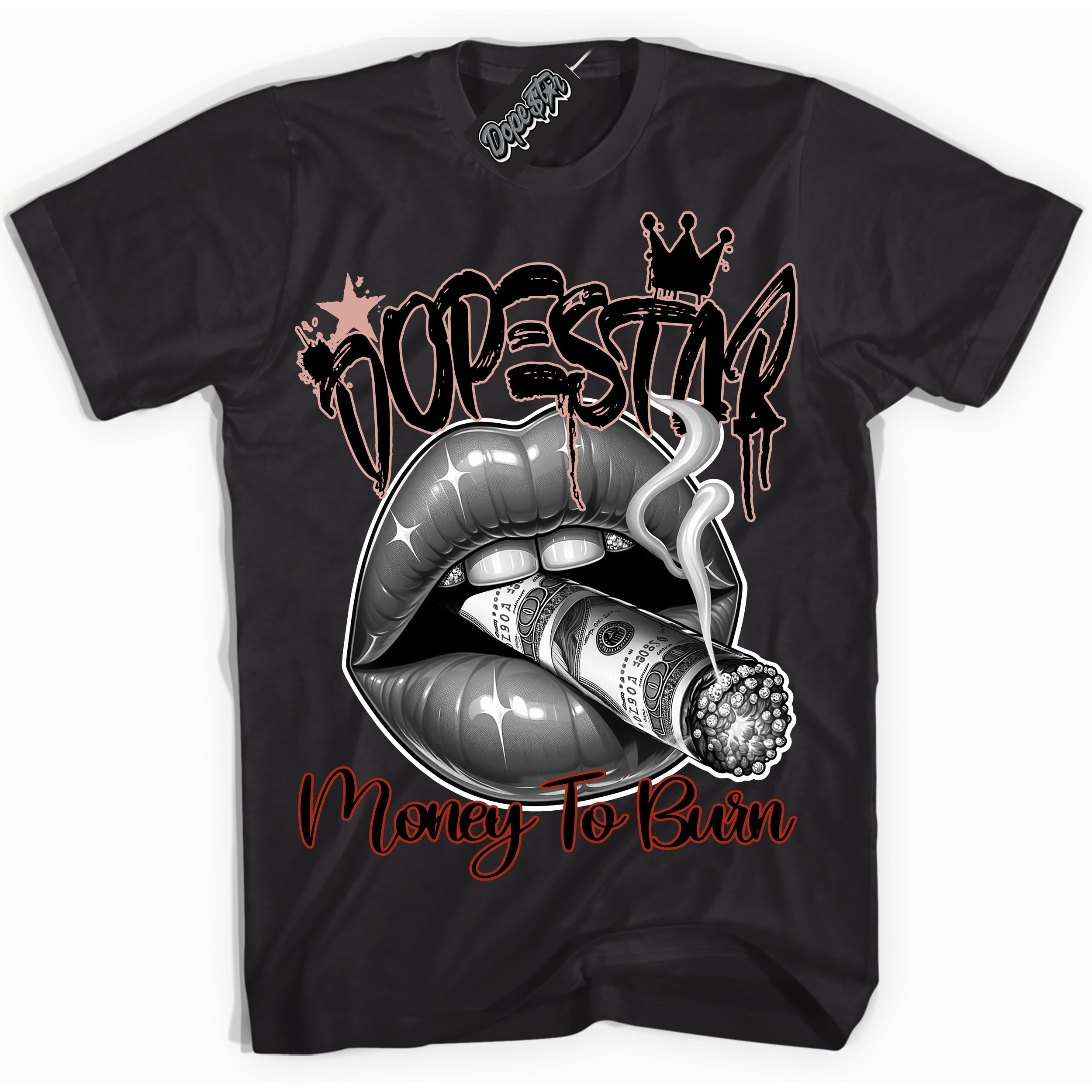 Cool Black Shirt with “ Money To Burn” design that perfectly matches Red Stardust Dunk Sneakers.