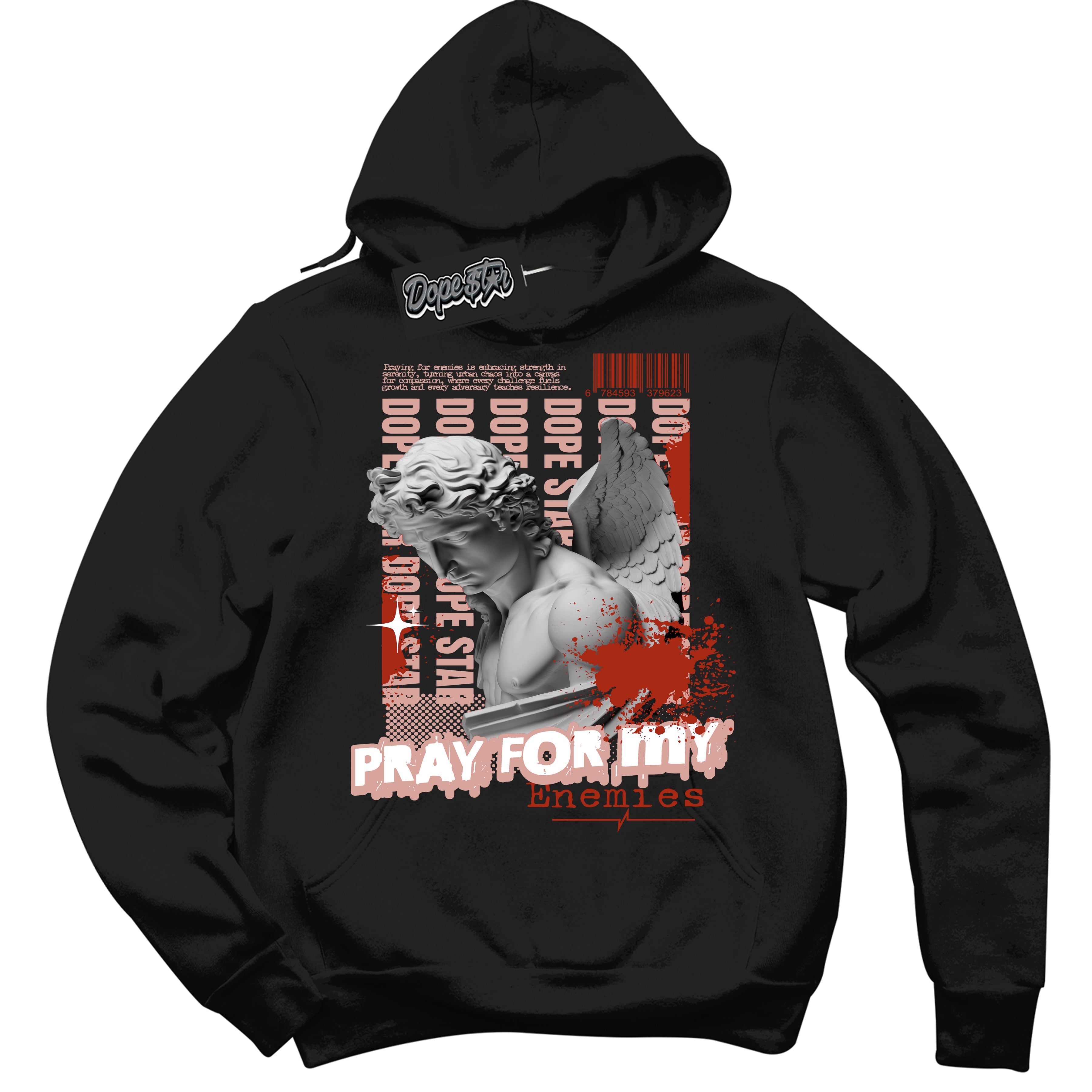 Cool Black Hoodie with “ Pray Enemies ”  design that Perfectly Matches Red Stardust Sneakers.