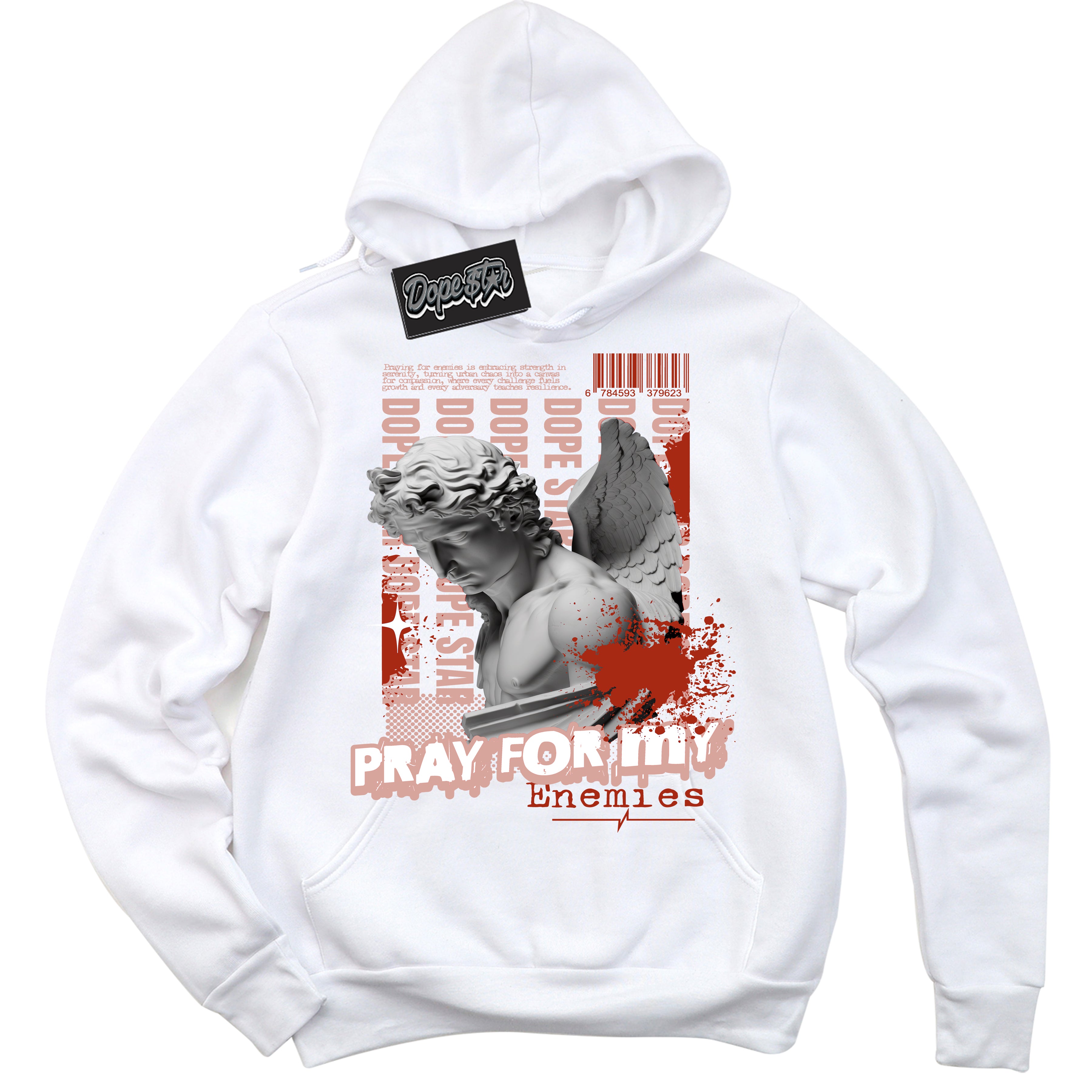 Cool White Hoodie with “ Pray Enemies ”  design that Perfectly Matches Red Stardust Sneakers.