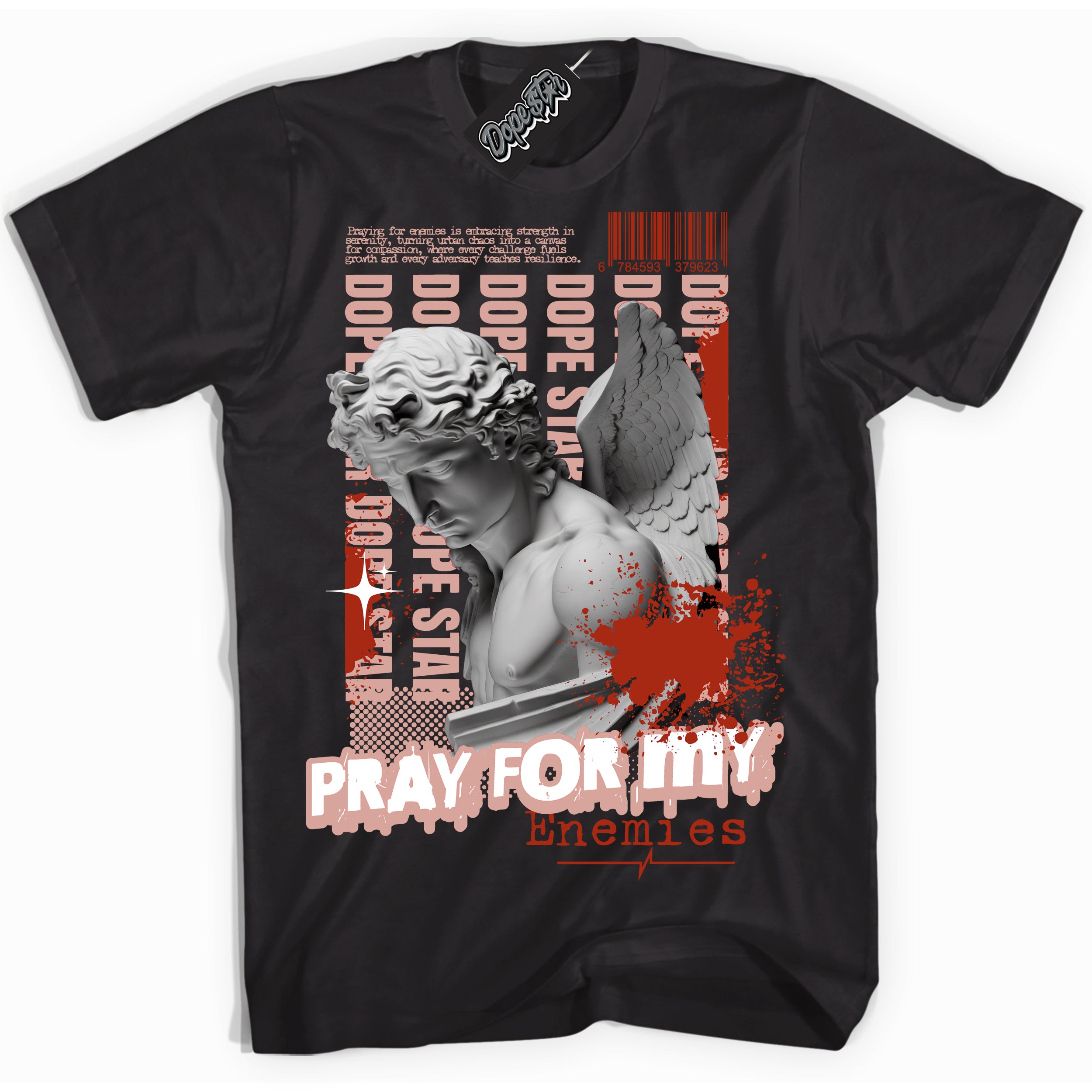 Cool Black Shirt with “ Pray Enemies” design that perfectly matches Red Stardust Sneakers.