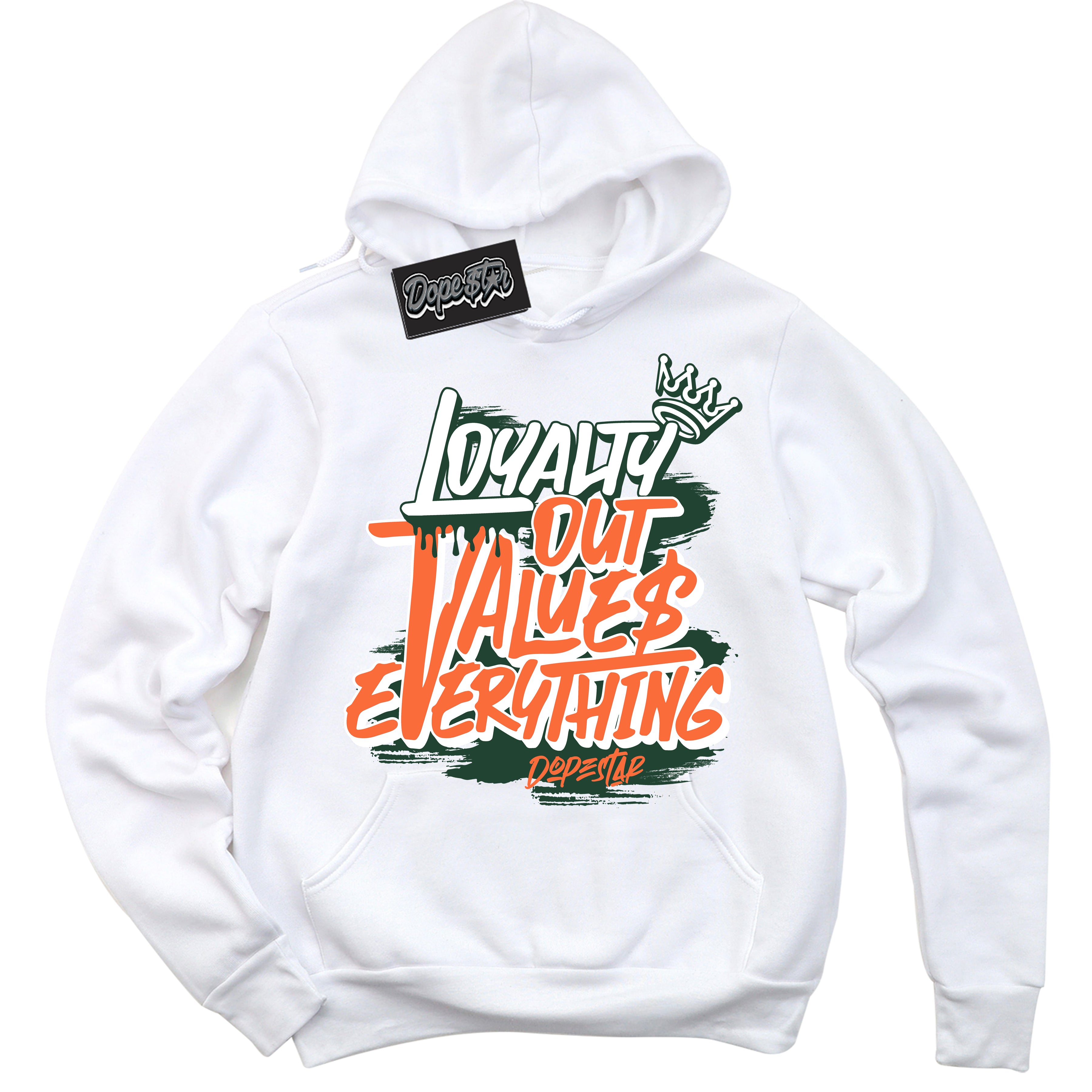 Cool White Hoodie with “ Loyalty Out Values Everything ”  design that Perfectly Matches Miami Hurricanes Sneakers.