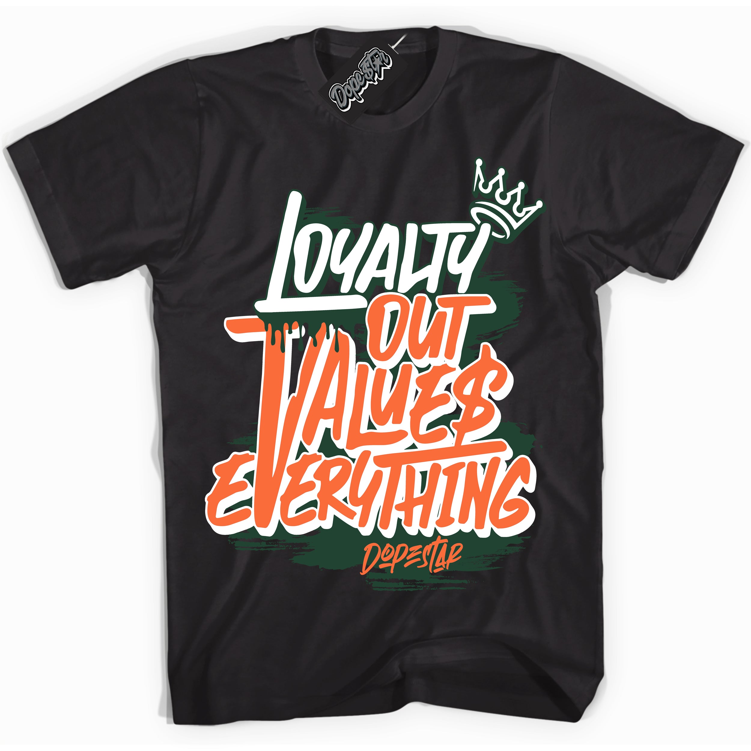 Cool Black Shirt with “ Loyalty Out Values Everything” design that perfectly matches Miami Hurricanes Sneakers.