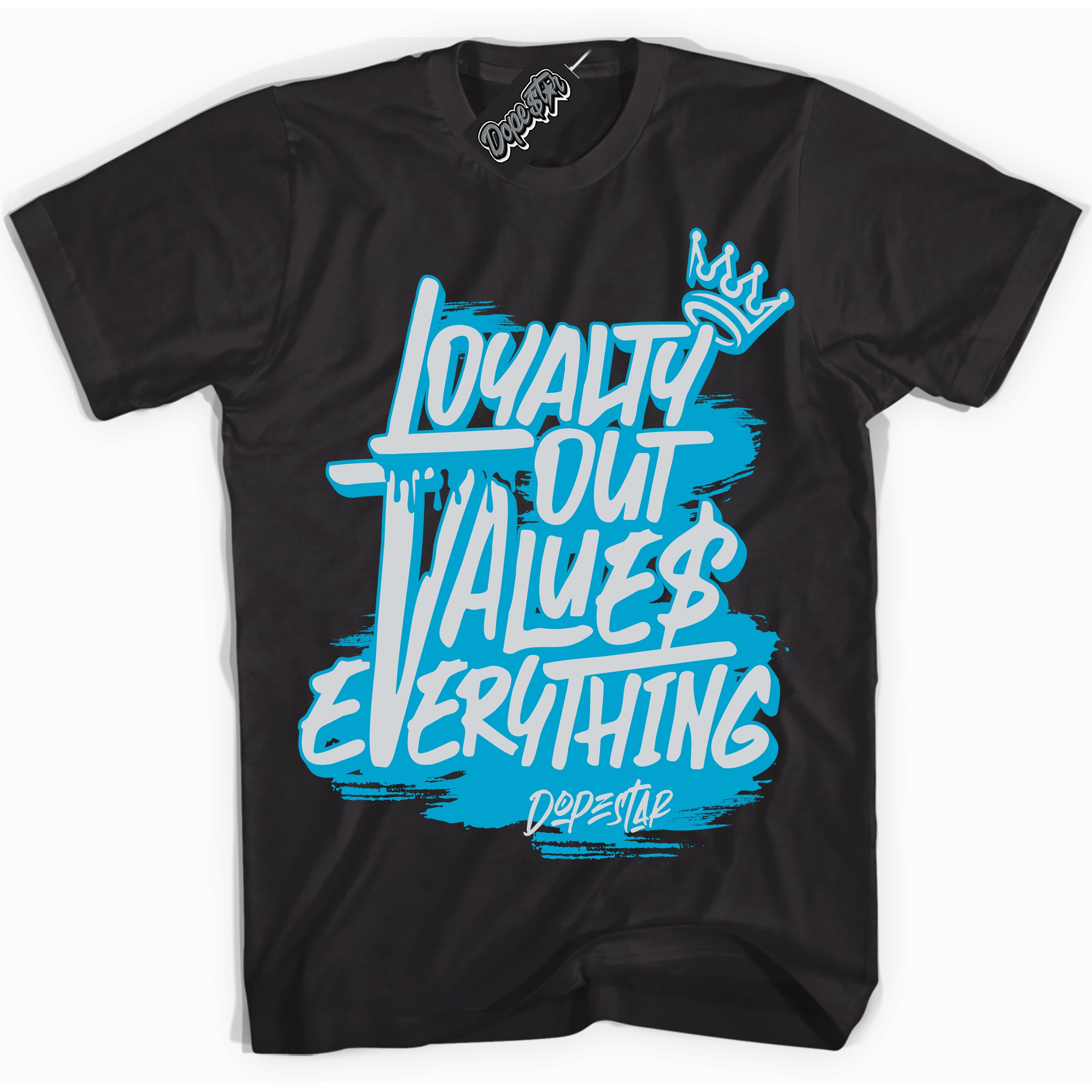 Cool Black Shirt with “ Loyalty Out Values Everything” design that perfectly matches Pure Platinum Blue Lightning Sneakers.