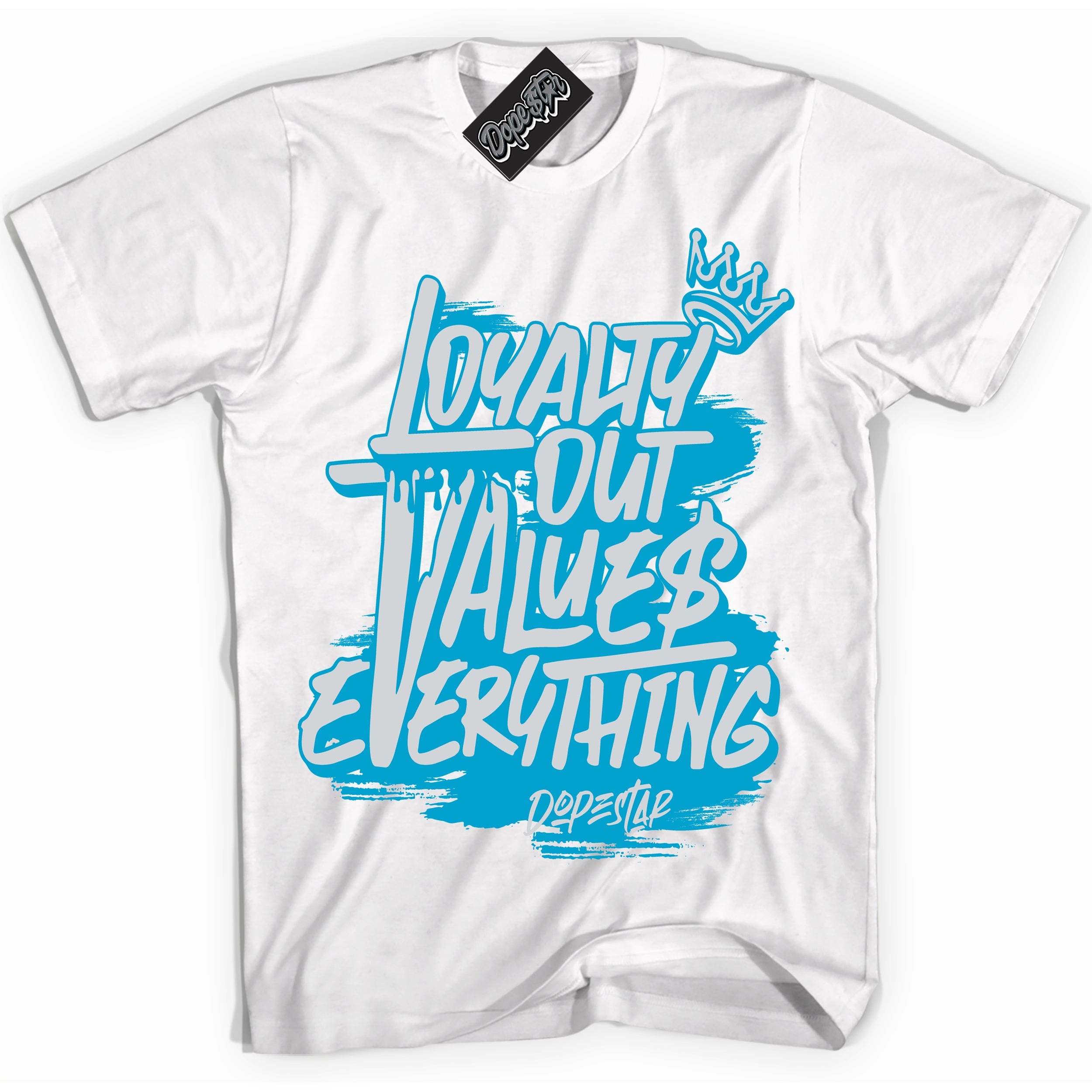 Cool White Shirt with “ Loyalty Out Values Everything” design that perfectly matches Pure Platinum Blue Lightning Sneakers.