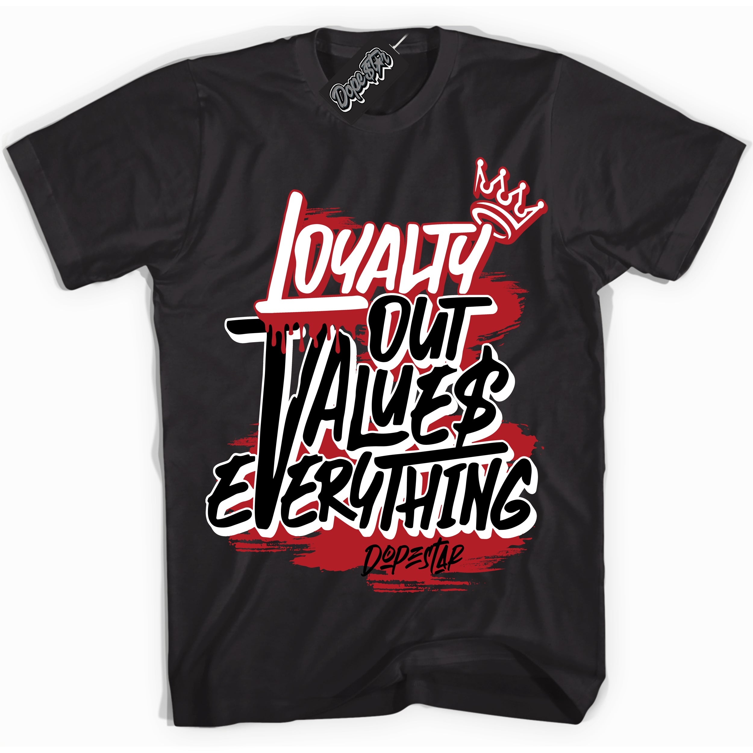 Cool Black Shirt with “ Loyalty Out Values Everything” design that perfectly matches Red Swoosh Panda  Sneakers.