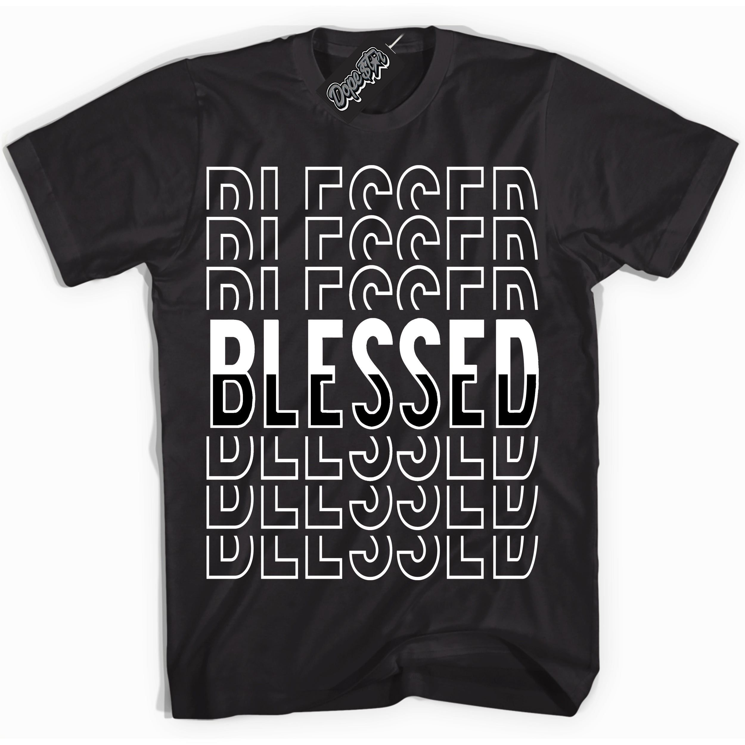 Cool Black Shirt with “Blessed Stacked” design that perfectly matches Suede Panda Dunk.