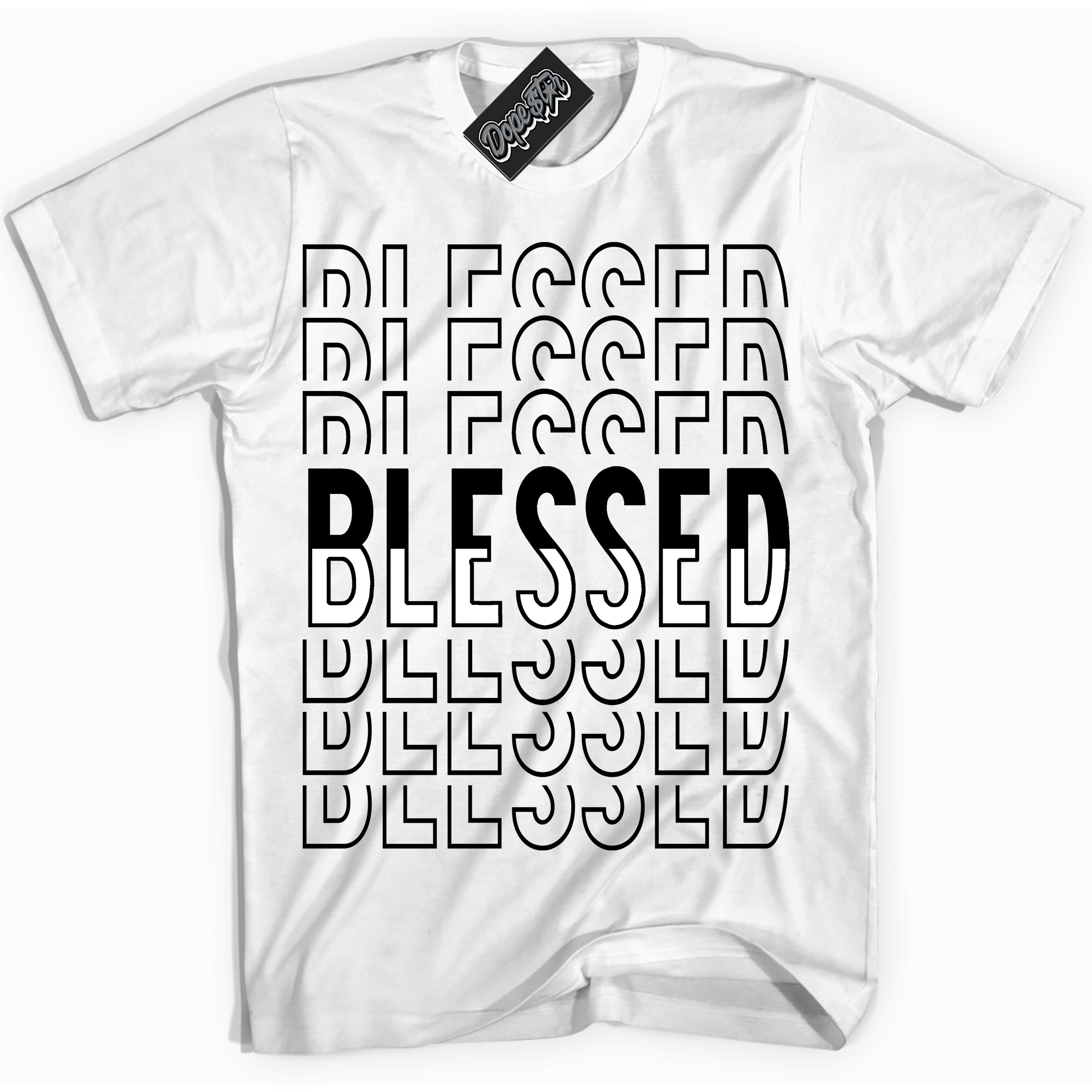 Cool White Shirt with “Blessed Stacked” design that perfectly matches Suede Panda Dunk.