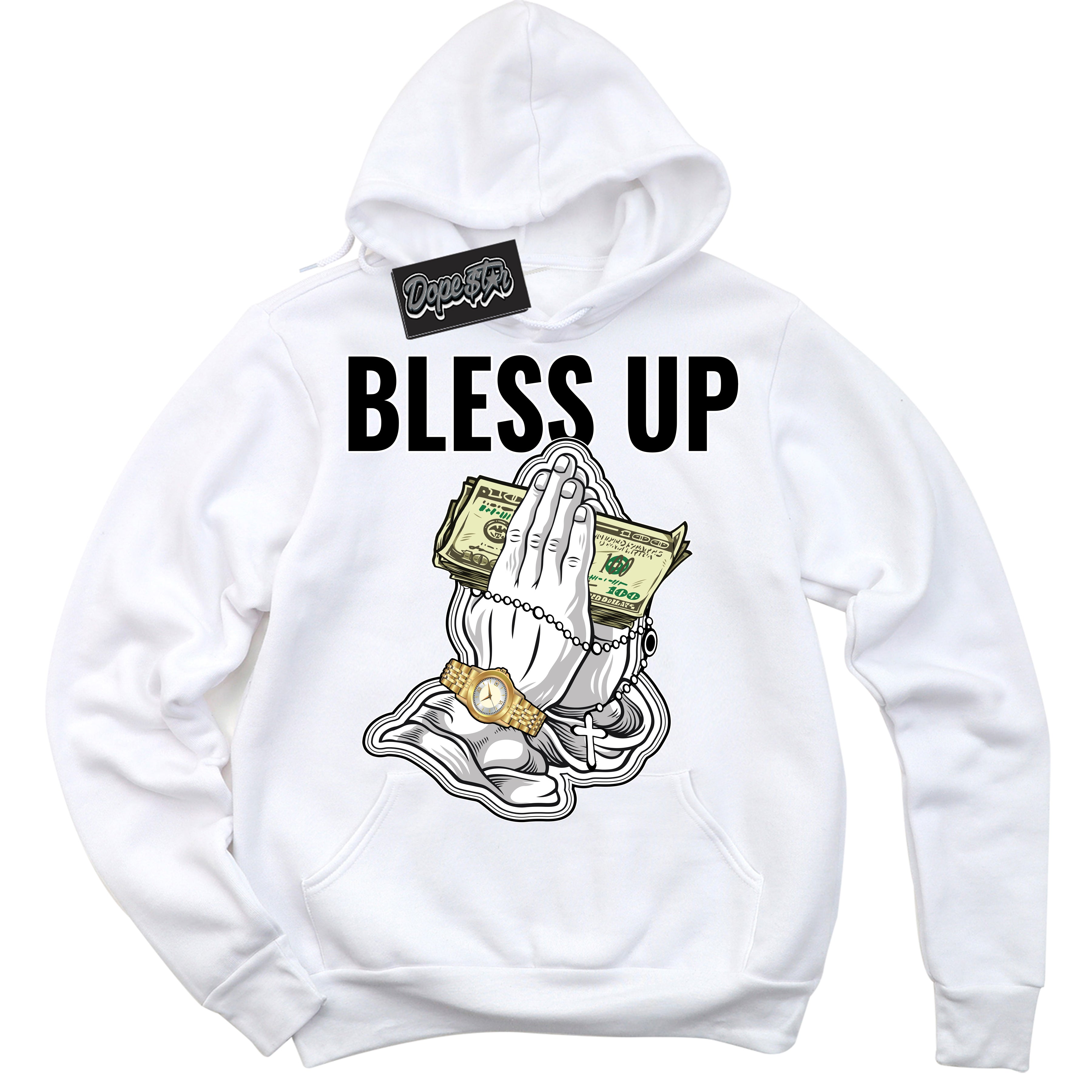 Cool White Hoodie with “Bless Up” design that Perfectly Matches Suede Panda Dunk.