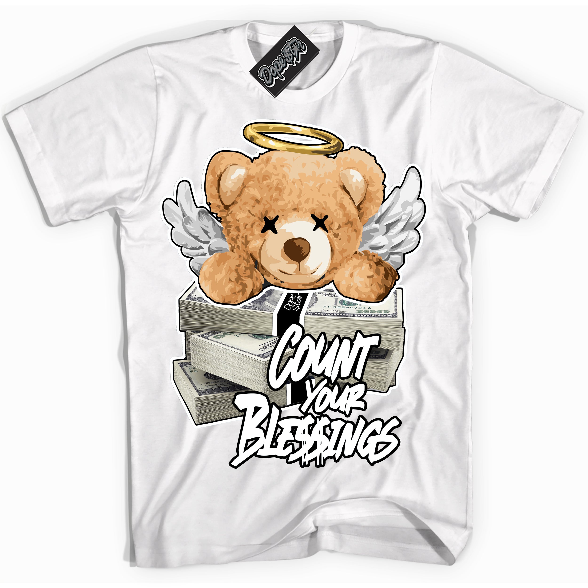 Cool White Shirt with “Count Your Blessings” design that perfectly matches Suede Panda Dunk.