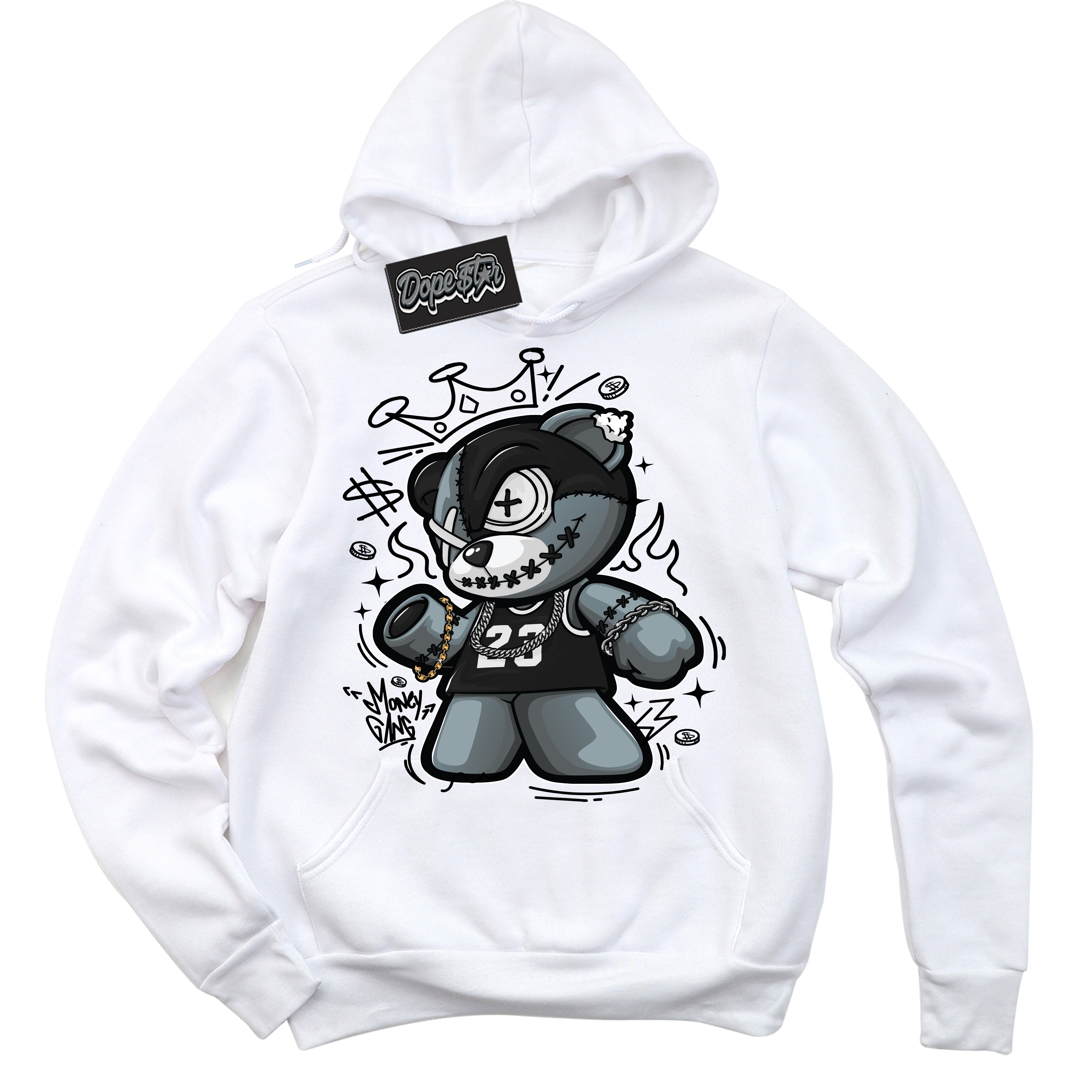 Cool White Hoodie with “Money Gang Bear” design that Perfectly Matches Suede Panda Dunk.