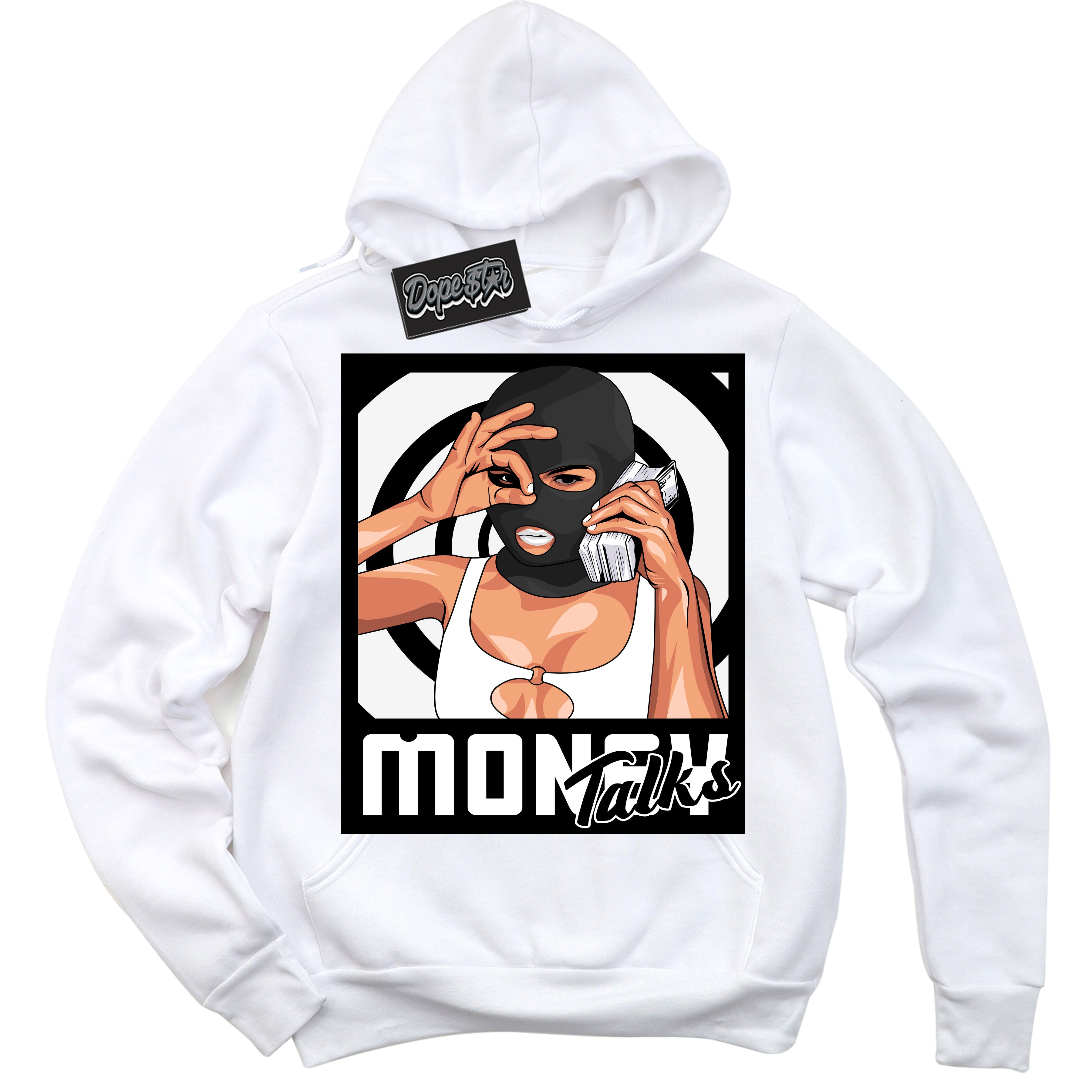 Cool White Hoodie with “Money Talks” design that Perfectly Matches Suede Panda Dunk.