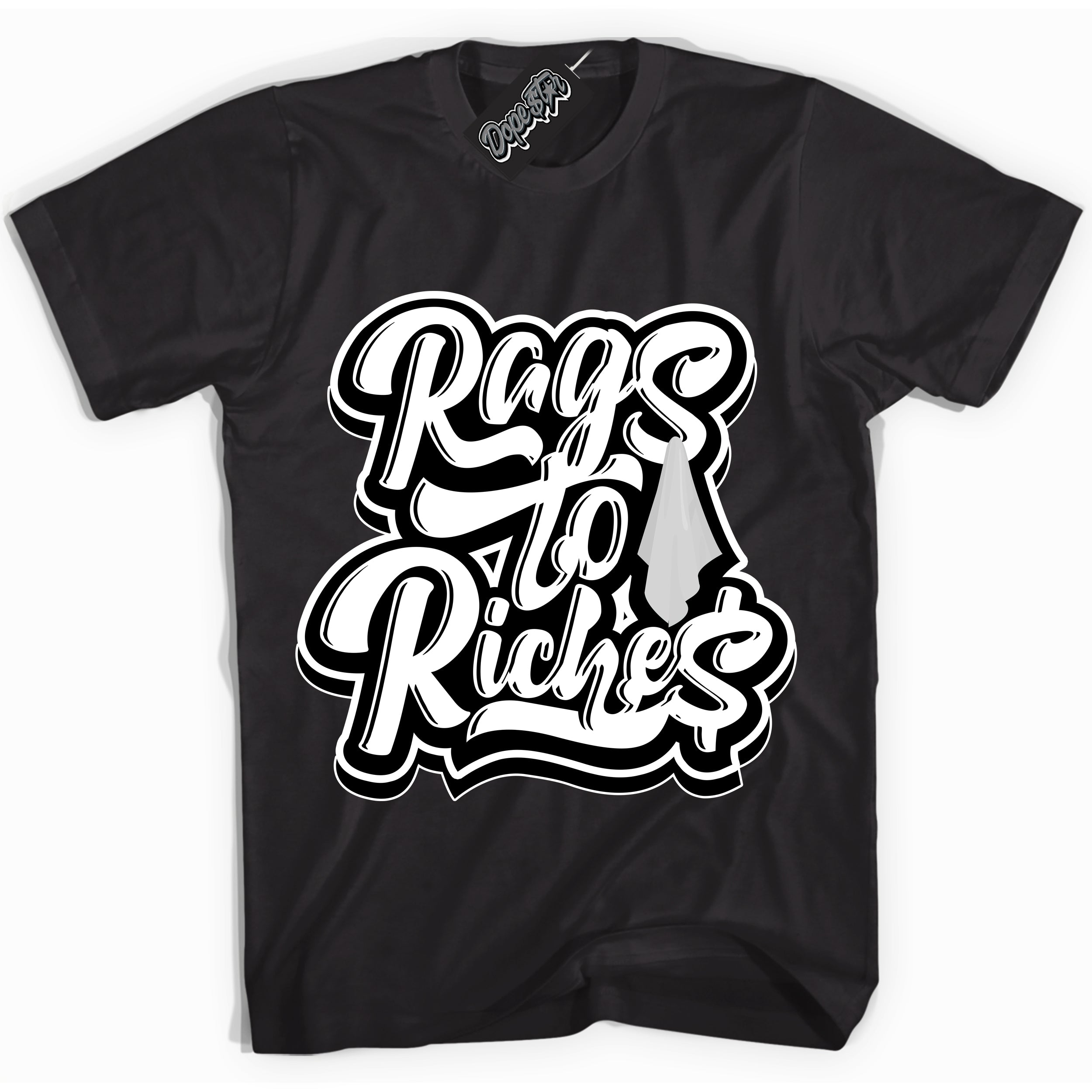 Cool Black Shirt with “Rags To Riches” design that perfectly matches Suede Panda Dunk.