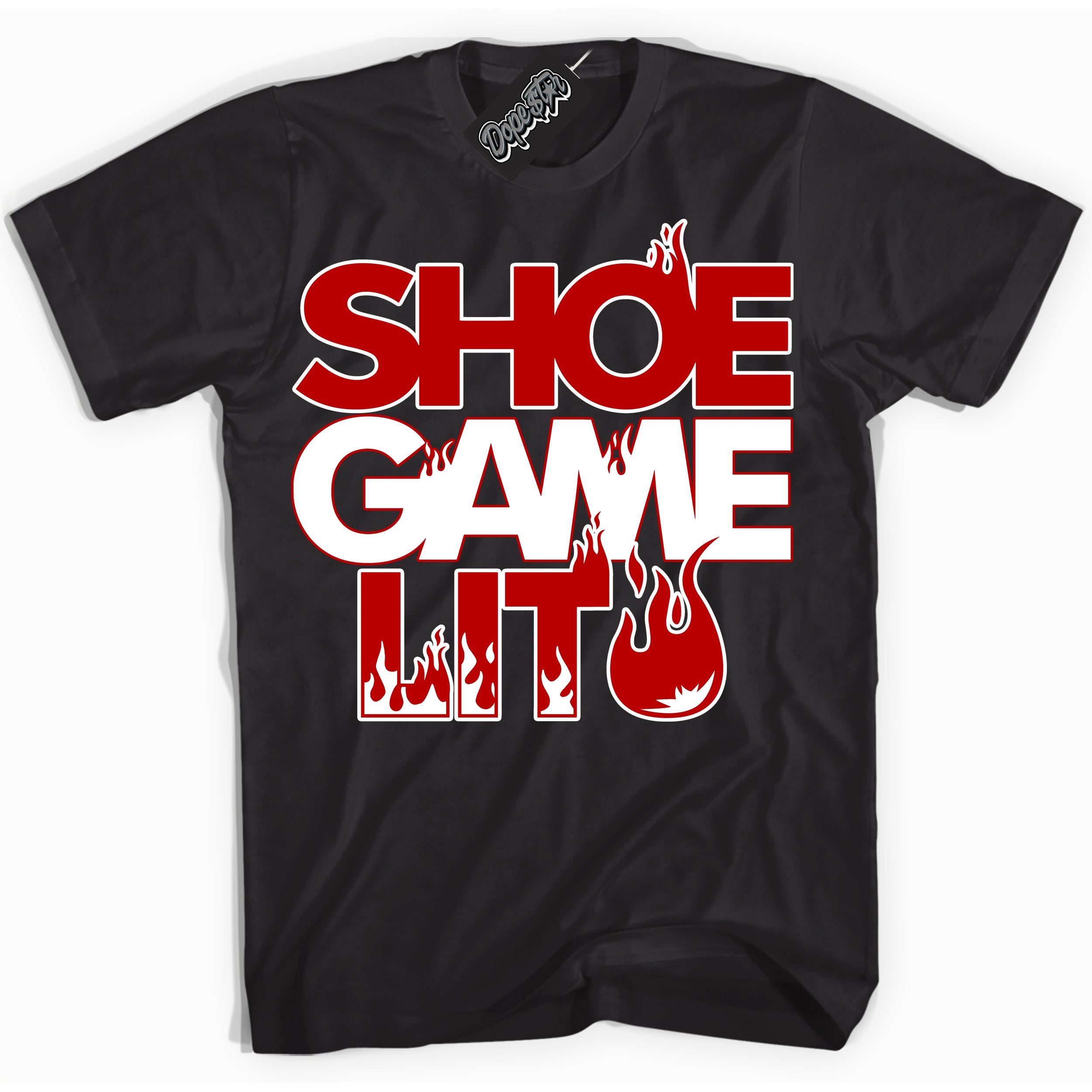 Cool Black Shirt with “ Shoe Game Lit ” design that perfectly matches White Picante Red Sneakers.