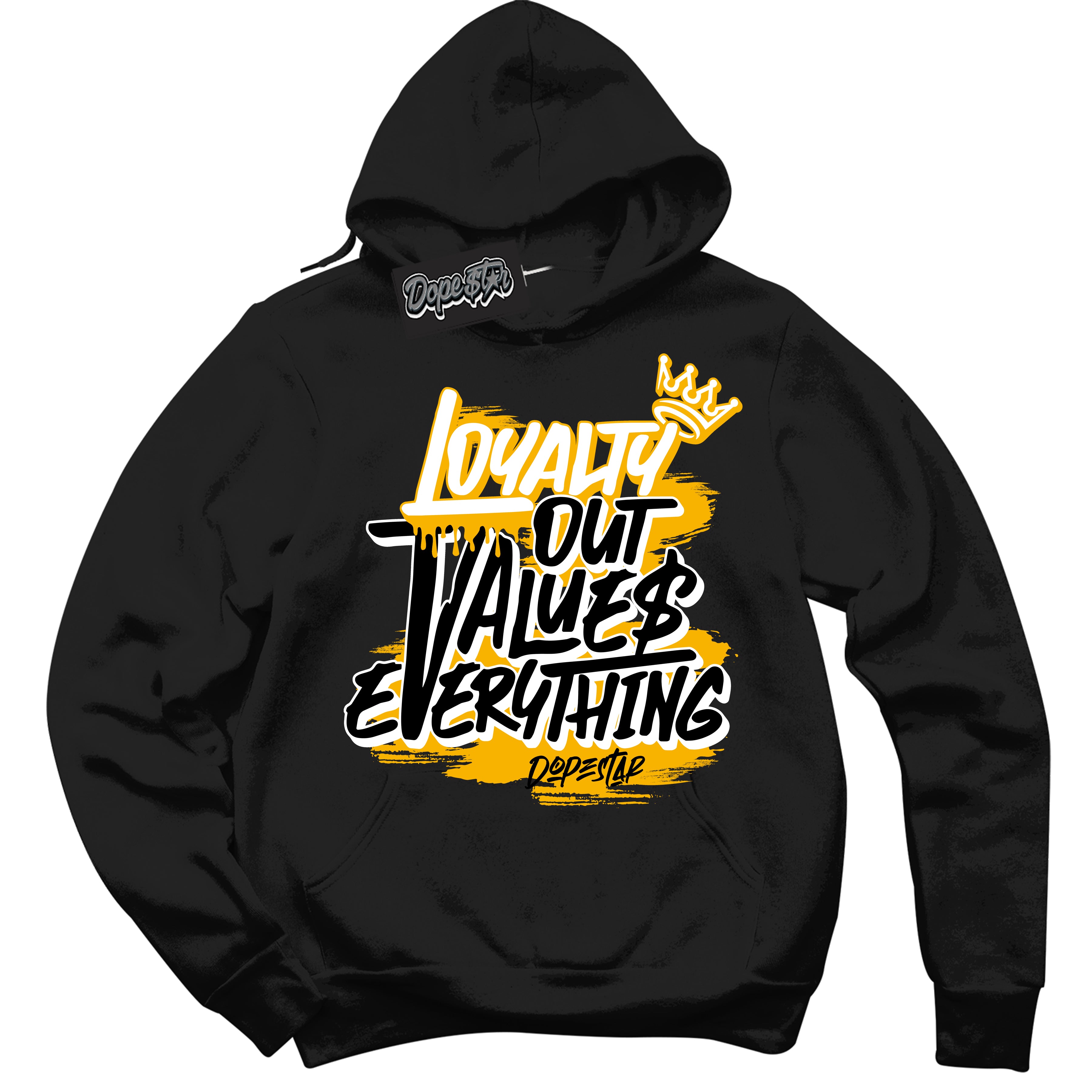Cool Black Hoodie with “ Loyalty Out Values Everything ”  design that Perfectly Matches  Reverse Goldenrod 2024 Sneakers.