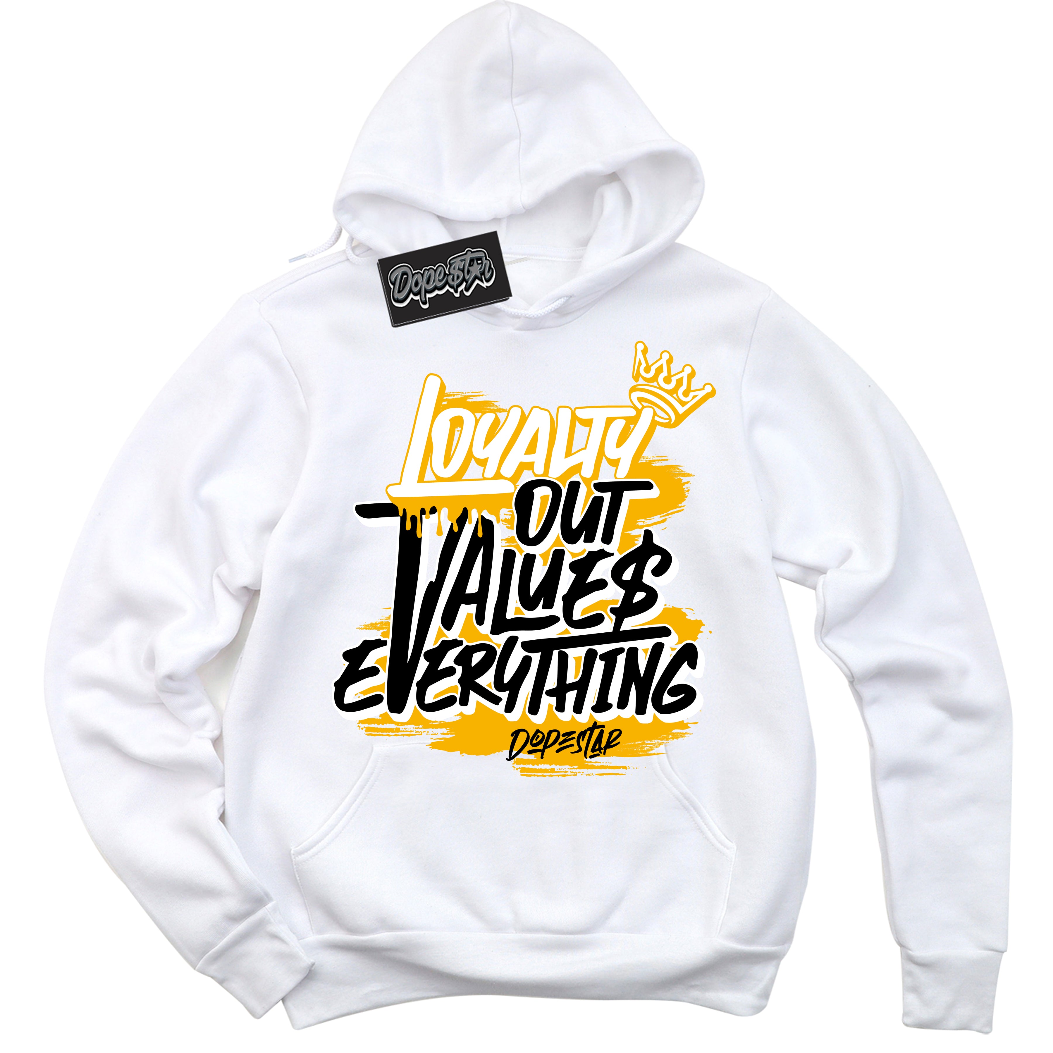 Cool White Hoodie with “ Loyalty Out Values Everything ”  design that Perfectly Matches Reverse Goldenrod 2024 Sneakers.