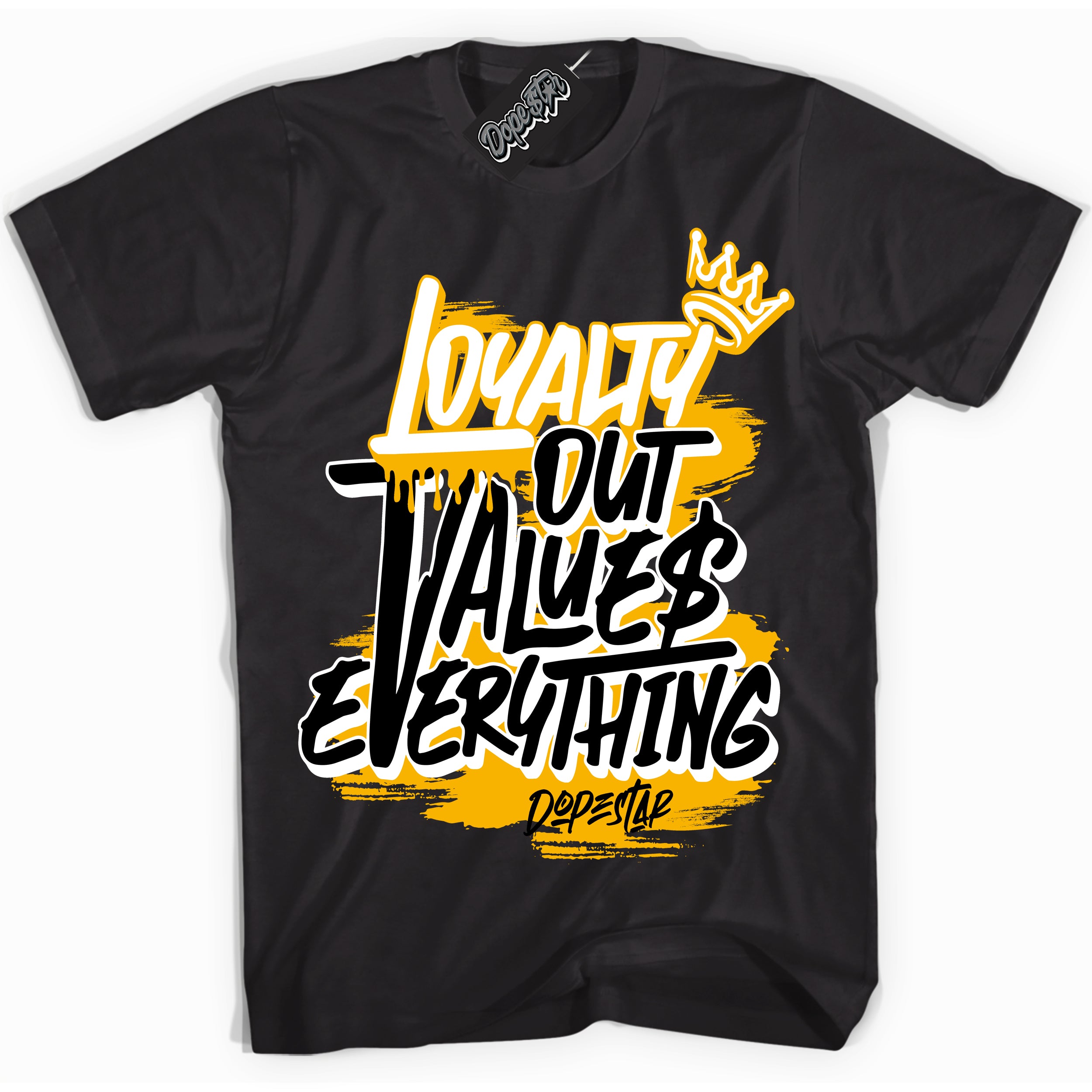 Cool Black Shirt with “ Loyalty Out Values Everything” design that perfectly matches Reverse Goldenrod 2024 Sneakers.
