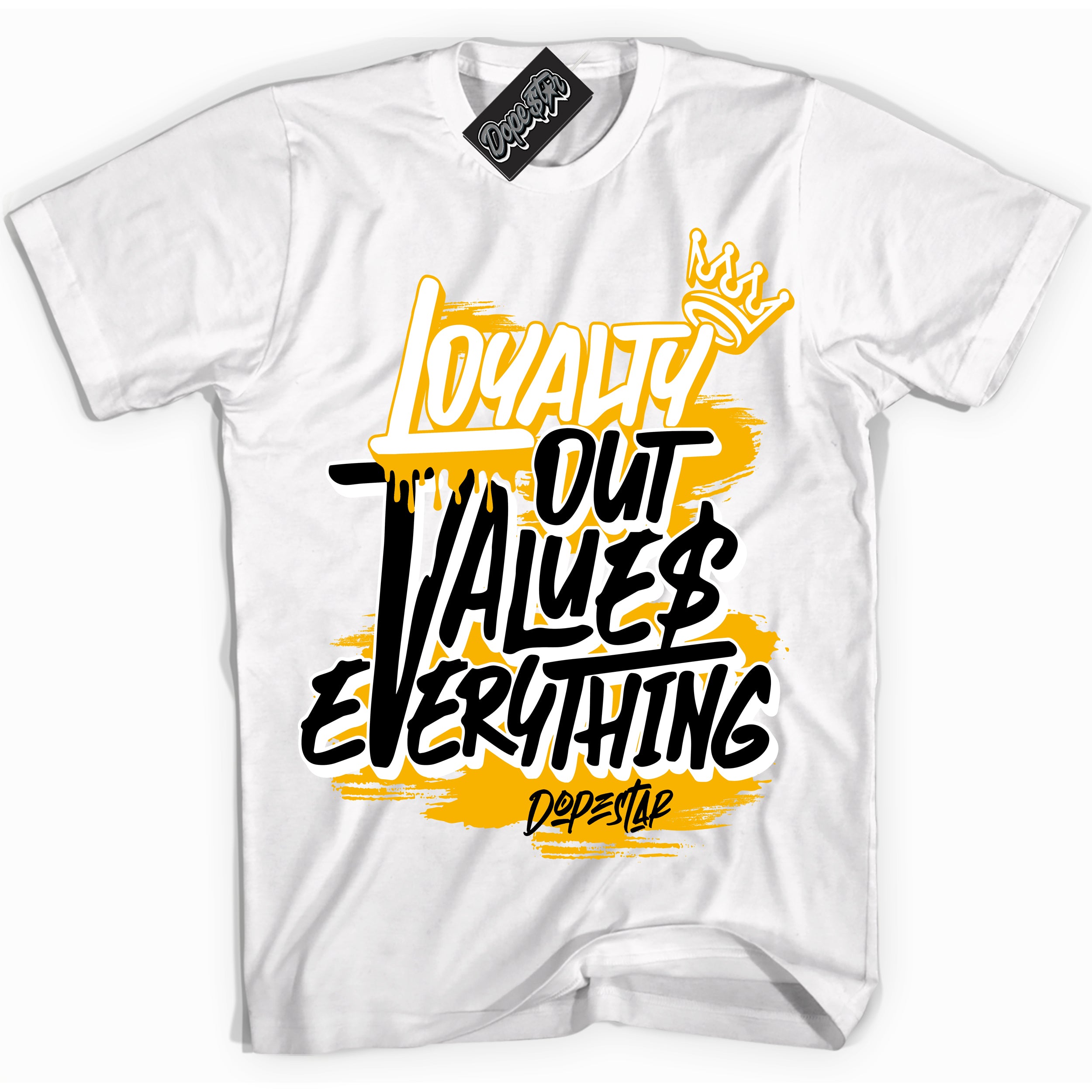 Cool White Shirt with “ Loyalty Out Values Everything” design that perfectly matches Reverse Goldenrod 2024 Sneakers.