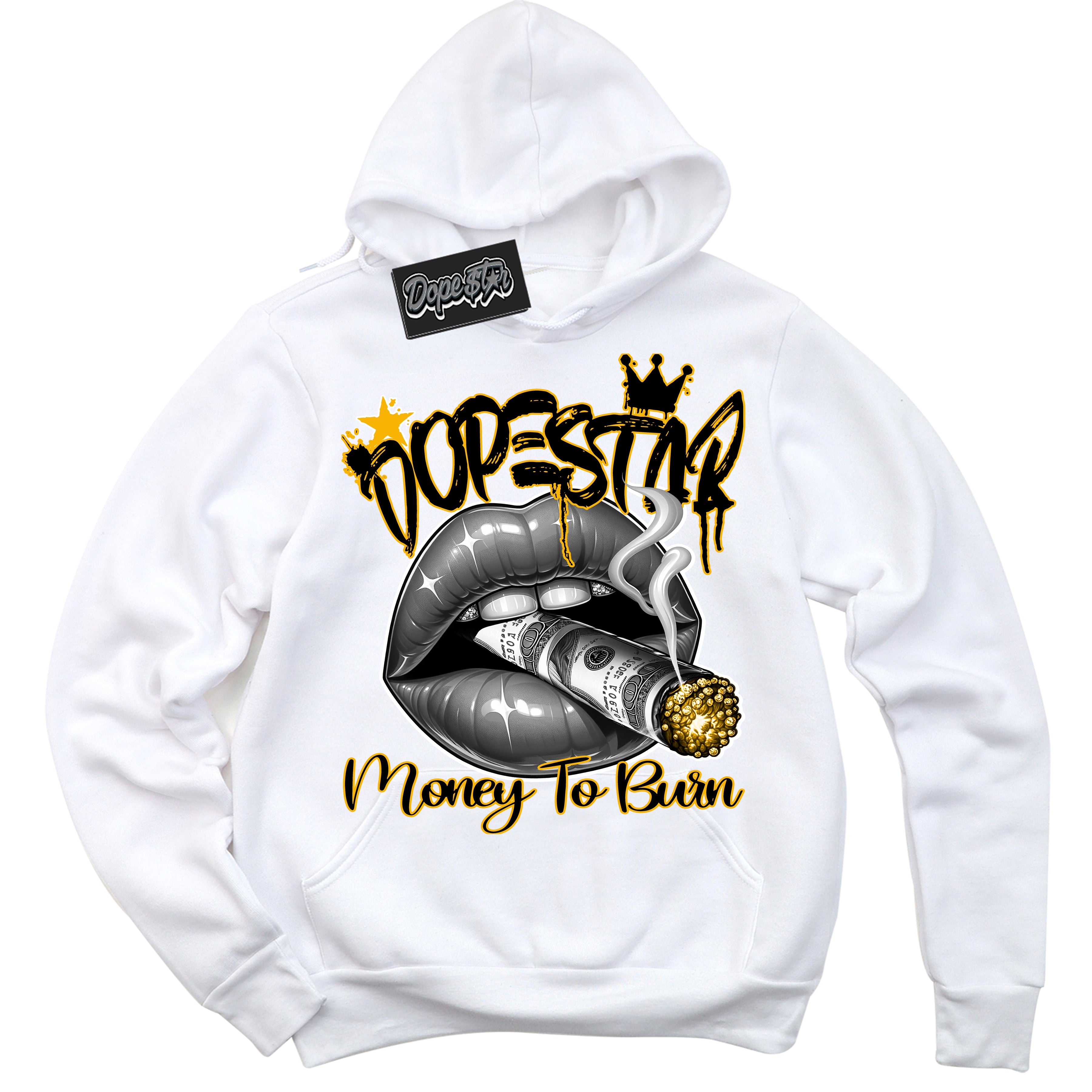 Cool White Hoodie with “ Money To Burn ”  design that Perfectly Matches Goldenrod Sneakers.