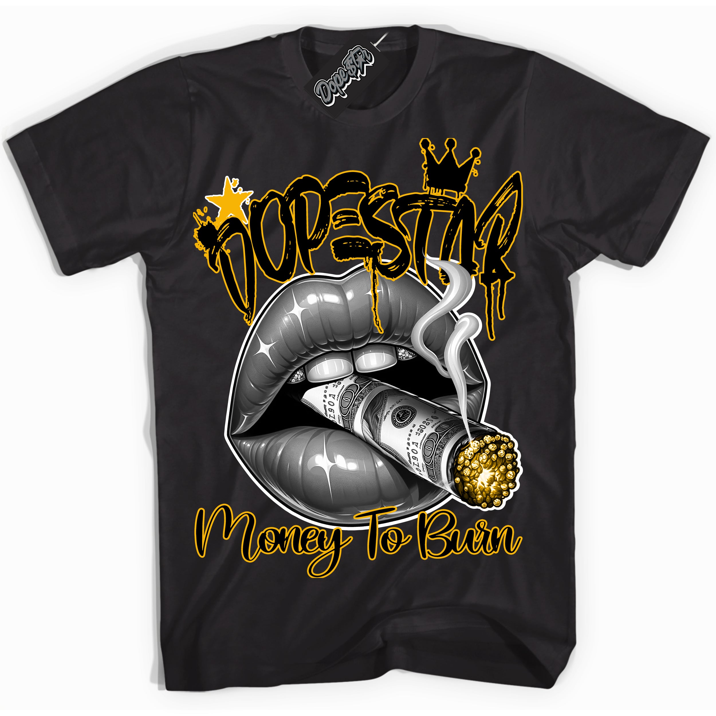 Cool Black Shirt with “ Money To Burn” design that perfectly matches Goldenrod Sneakers.