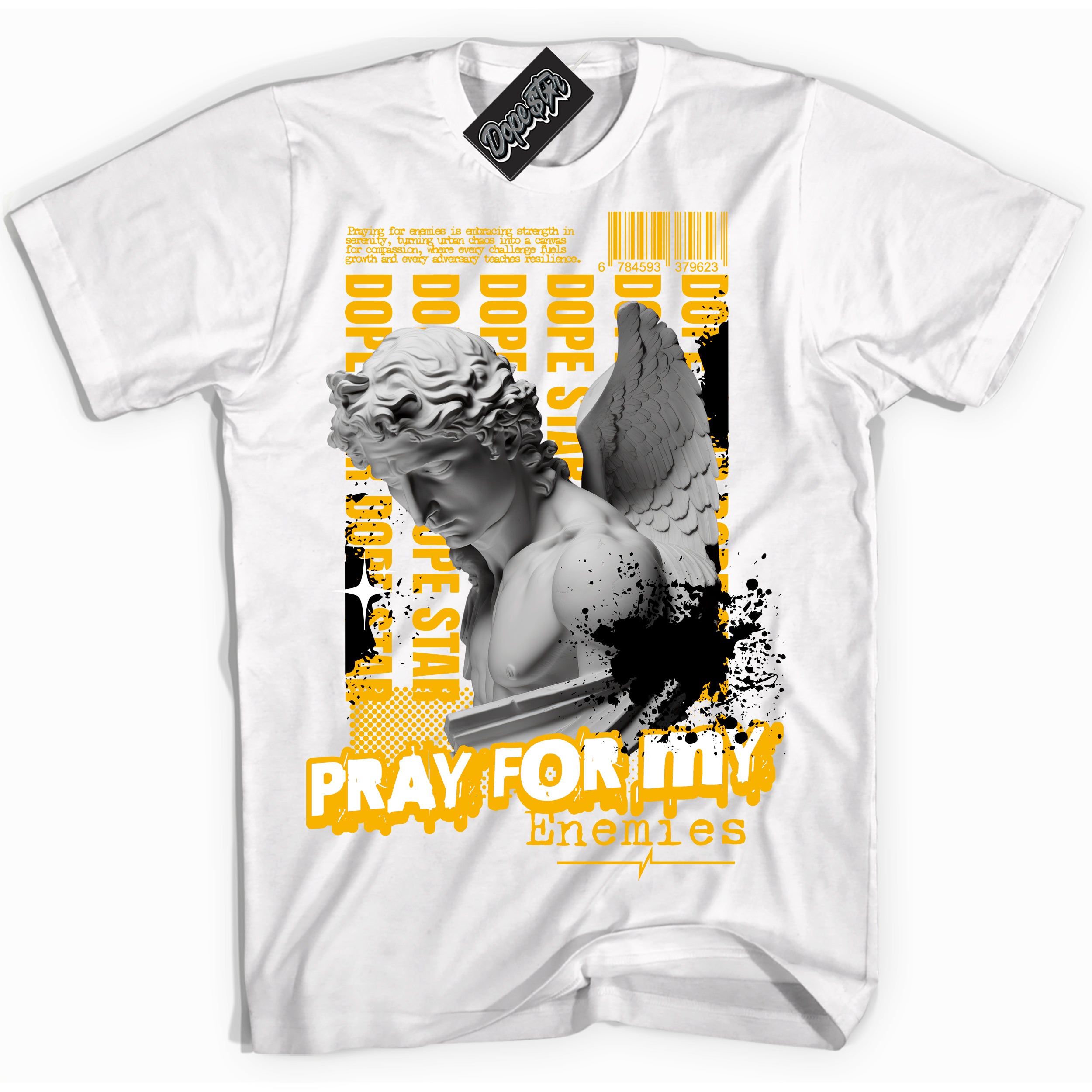 Cool White Shirt with “ Pray Enemies” design that perfectly matches Reverse Goldenrod Sneakers.