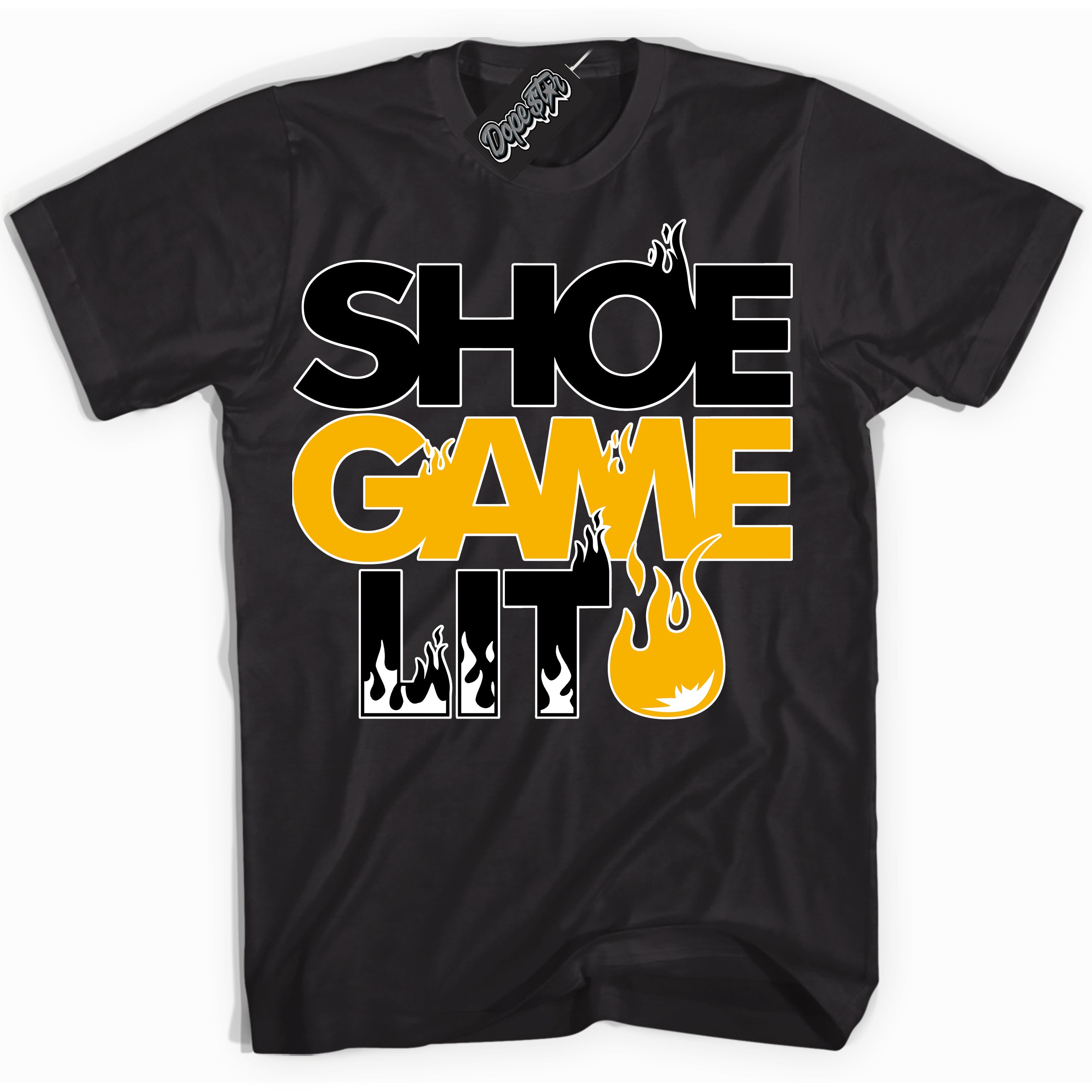 Cool Black Shirt with “ Shoe Game Lit ” design that perfectly matches Reverse Goldenrod Sneakers.