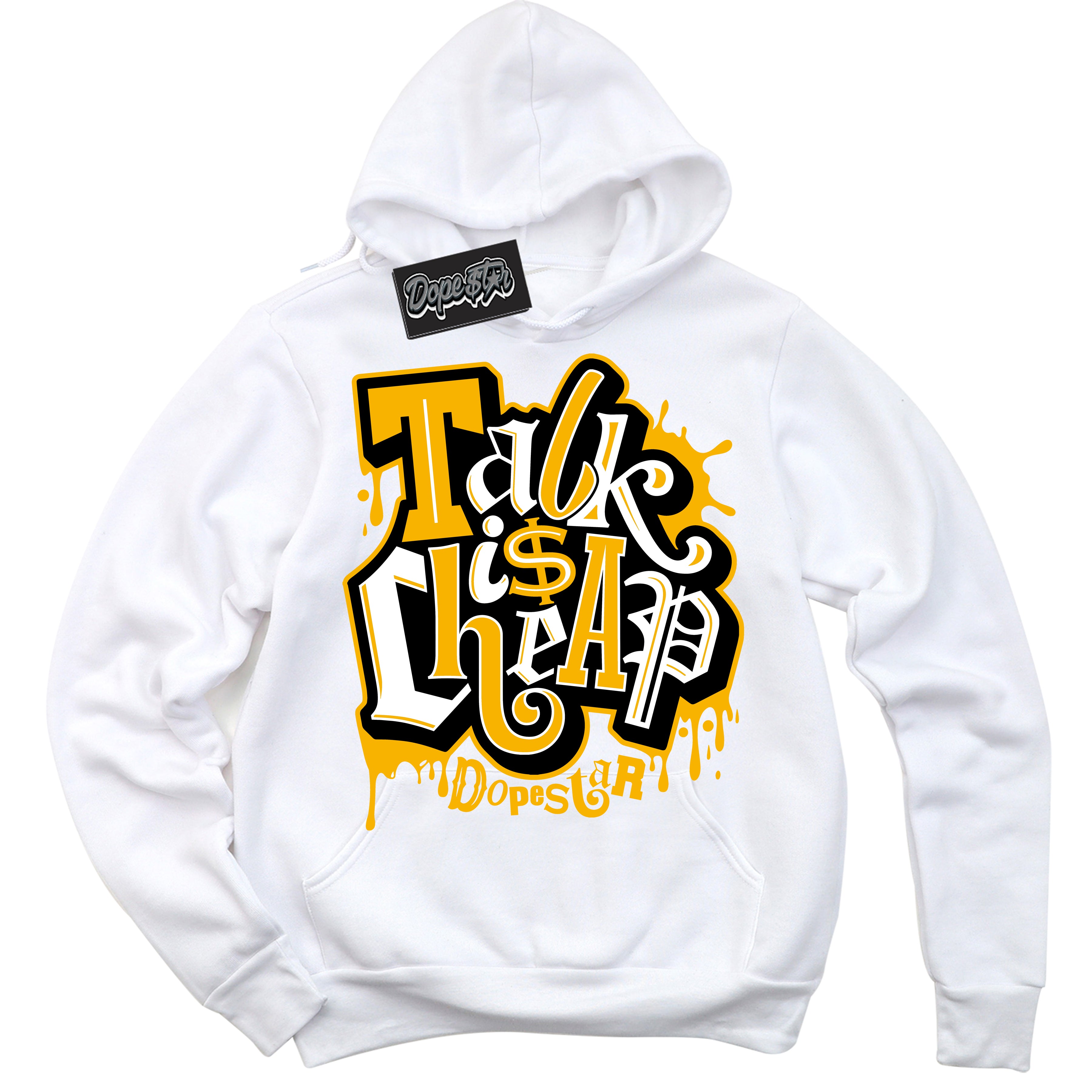 Cool White Hoodie with “ Talk Is Cheap ”  design that Perfectly Matches Reverse Goldenrod Sneakers.