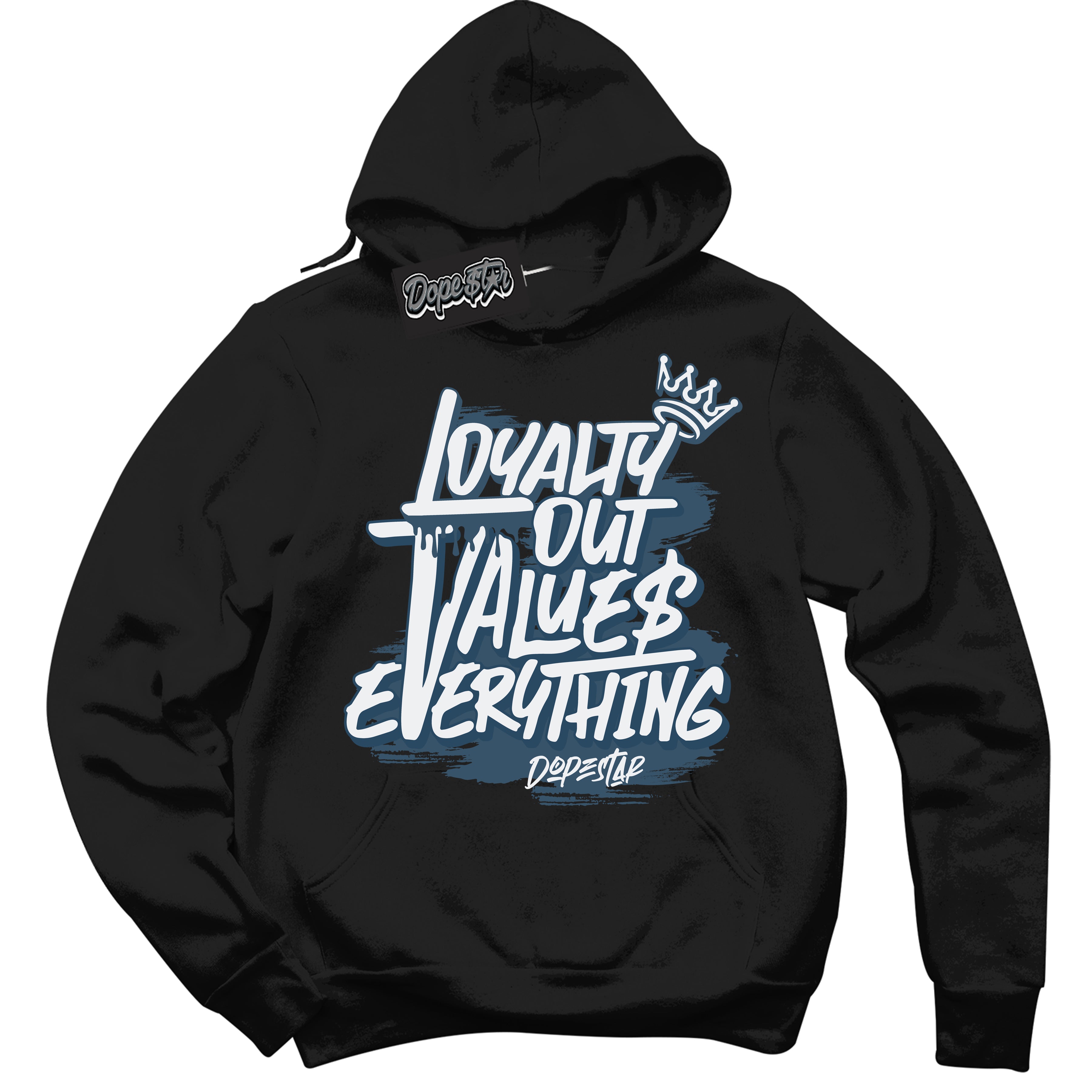 Cool Black Hoodie with “ Loyalty Out Values Everything ”  design that Perfectly Matches  SE Industrial Blue Sashiko Sneakers.