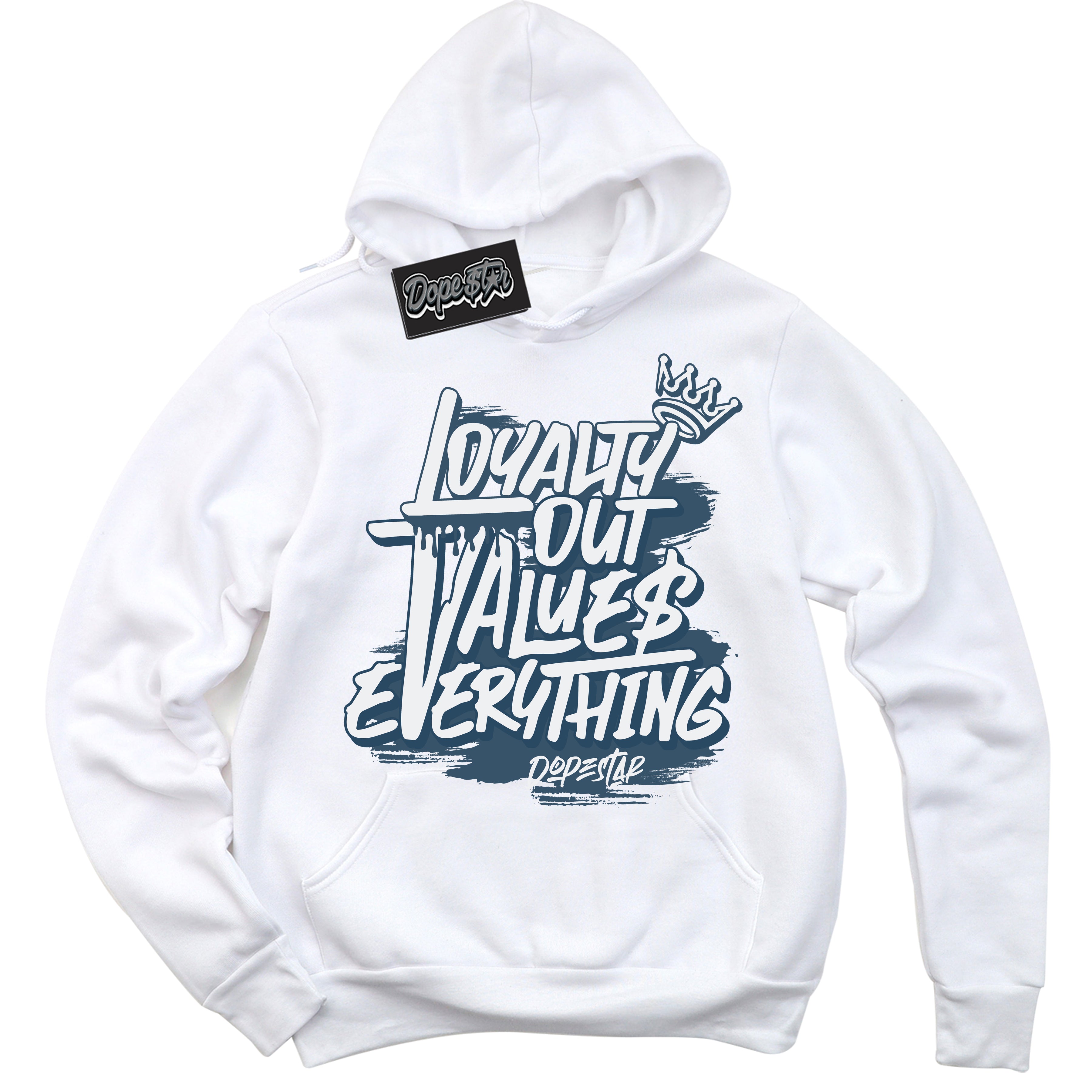 Cool White Hoodie with “ Loyalty Out Values Everything ”  design that Perfectly Matches SE Industrial Blue Sashiko Sneakers.