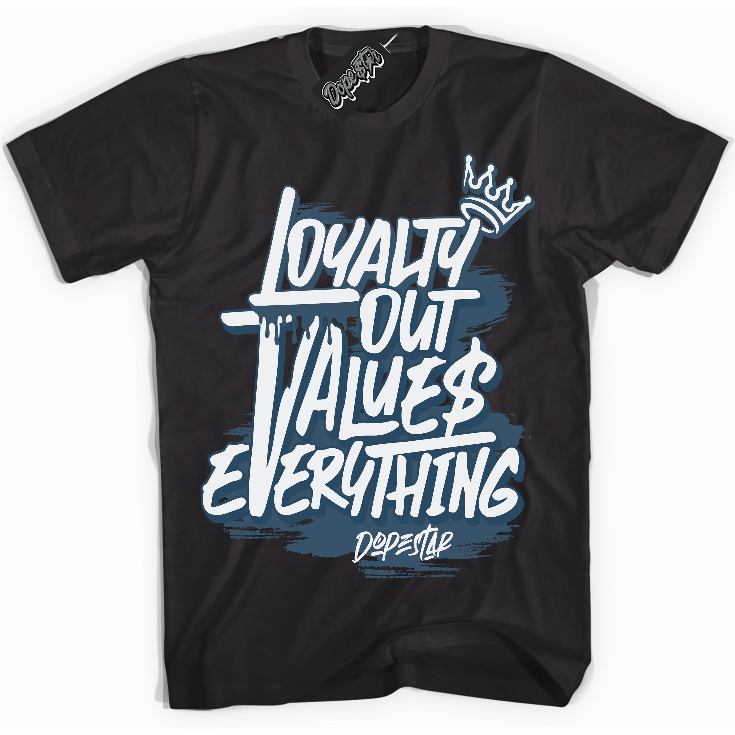 Cool Black Shirt with “ Loyalty Out Values Everything” design that perfectly matches SE Industrial Blue Sashiko Sneakers.