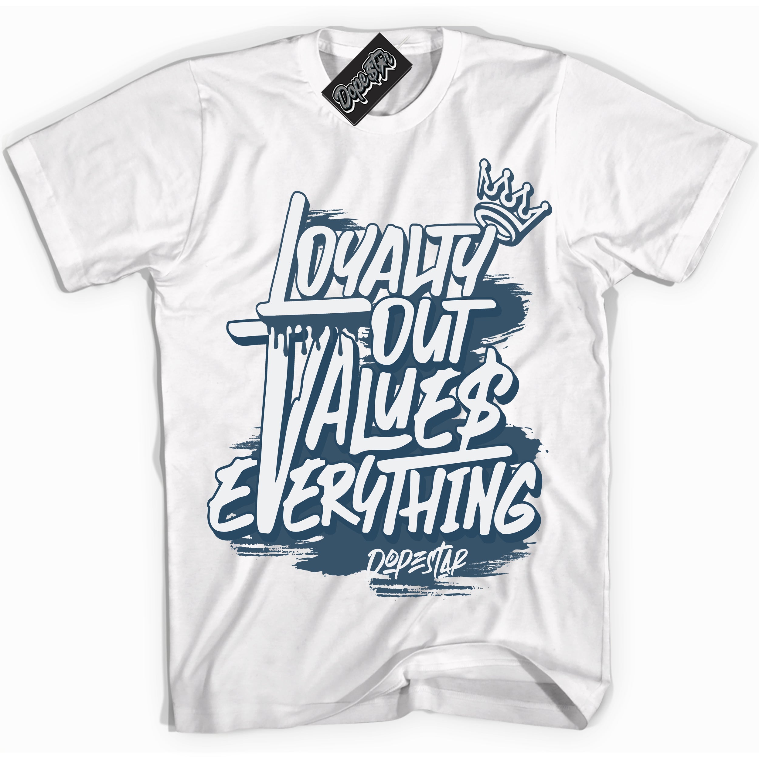 Cool White Shirt with “ Loyalty Out Values Everything” design that perfectly matches SE Industrial Blue Sashiko Sneakers.