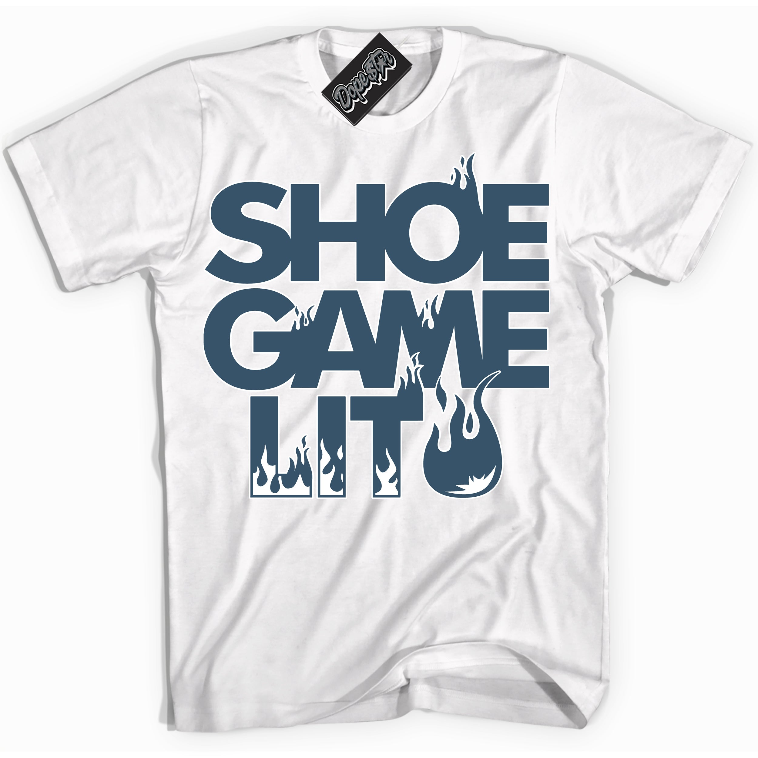 Cool White Shirt with “ Shoe Game Lit ” design that perfectly matches Industrial Blue Sashiko Sneakers.