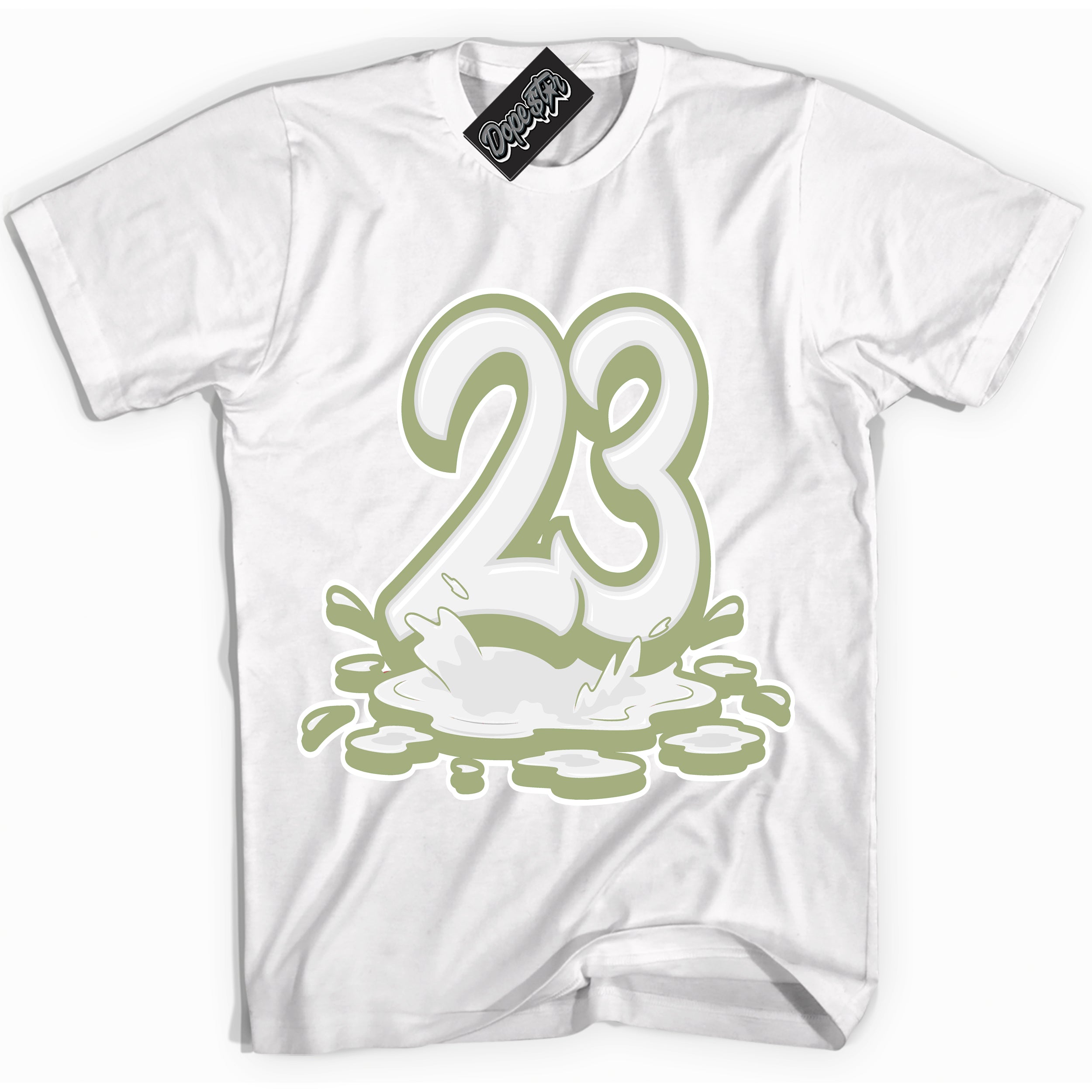 Cool White Shirt with “ 23 Melting ” design that perfectly matches Safari Oil Green Dunk.
