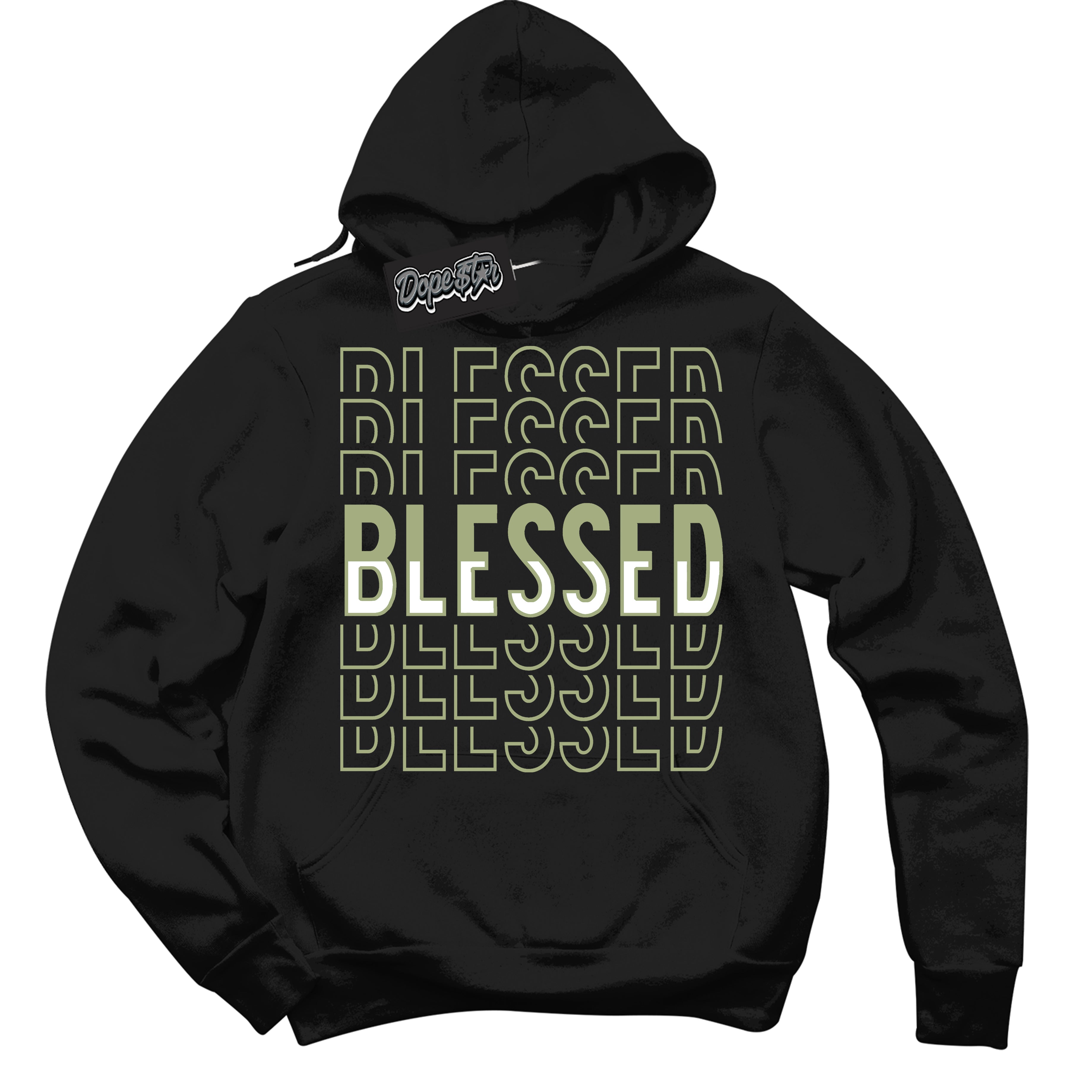 Cool Black Hoodie with “ Blessed Stacked ”  design that Perfectly Matches Safari Oil Green Dunk.
