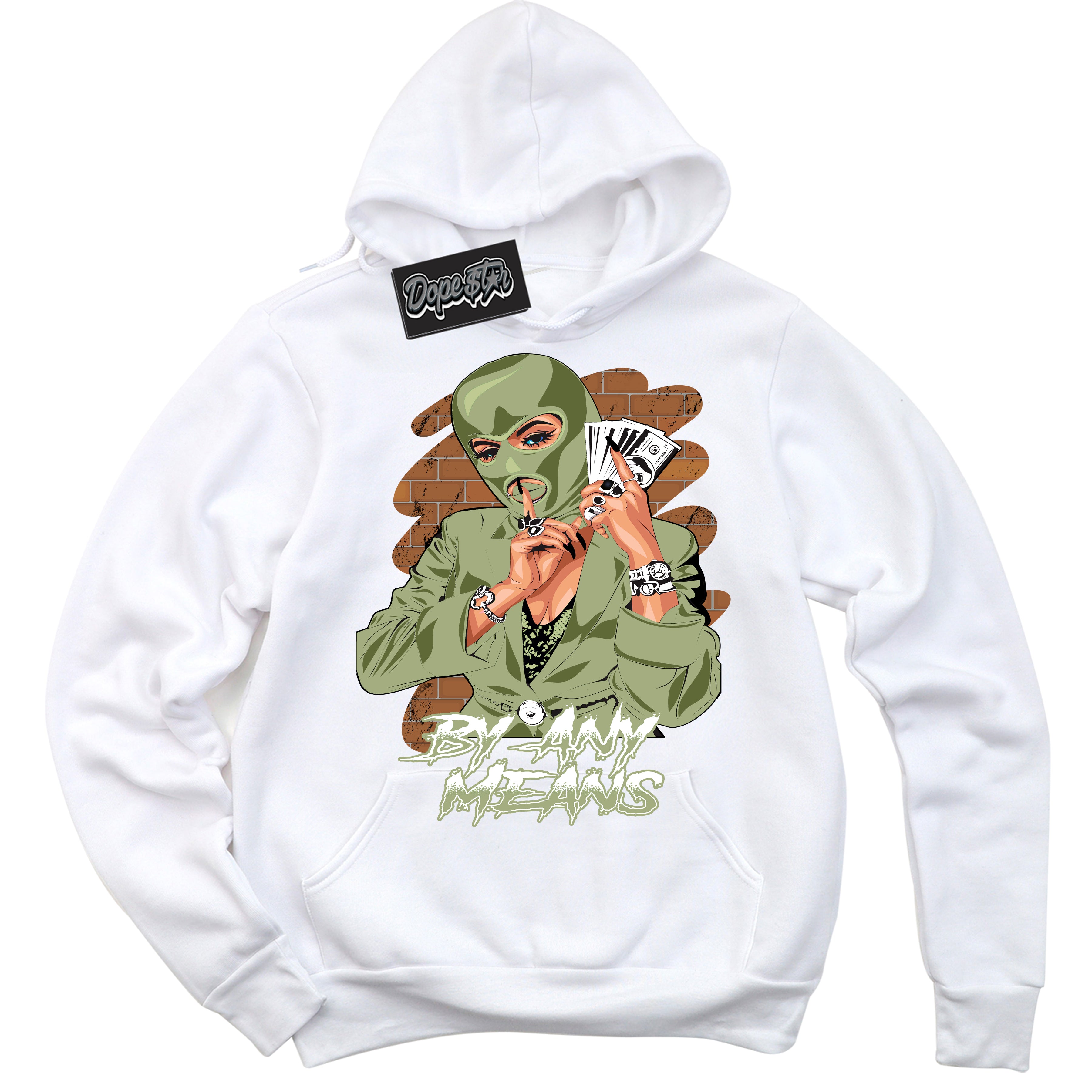 Cool White Hoodie with “ By Any Means ”  design that Perfectly Matches Safari Oil Green Dunk.
