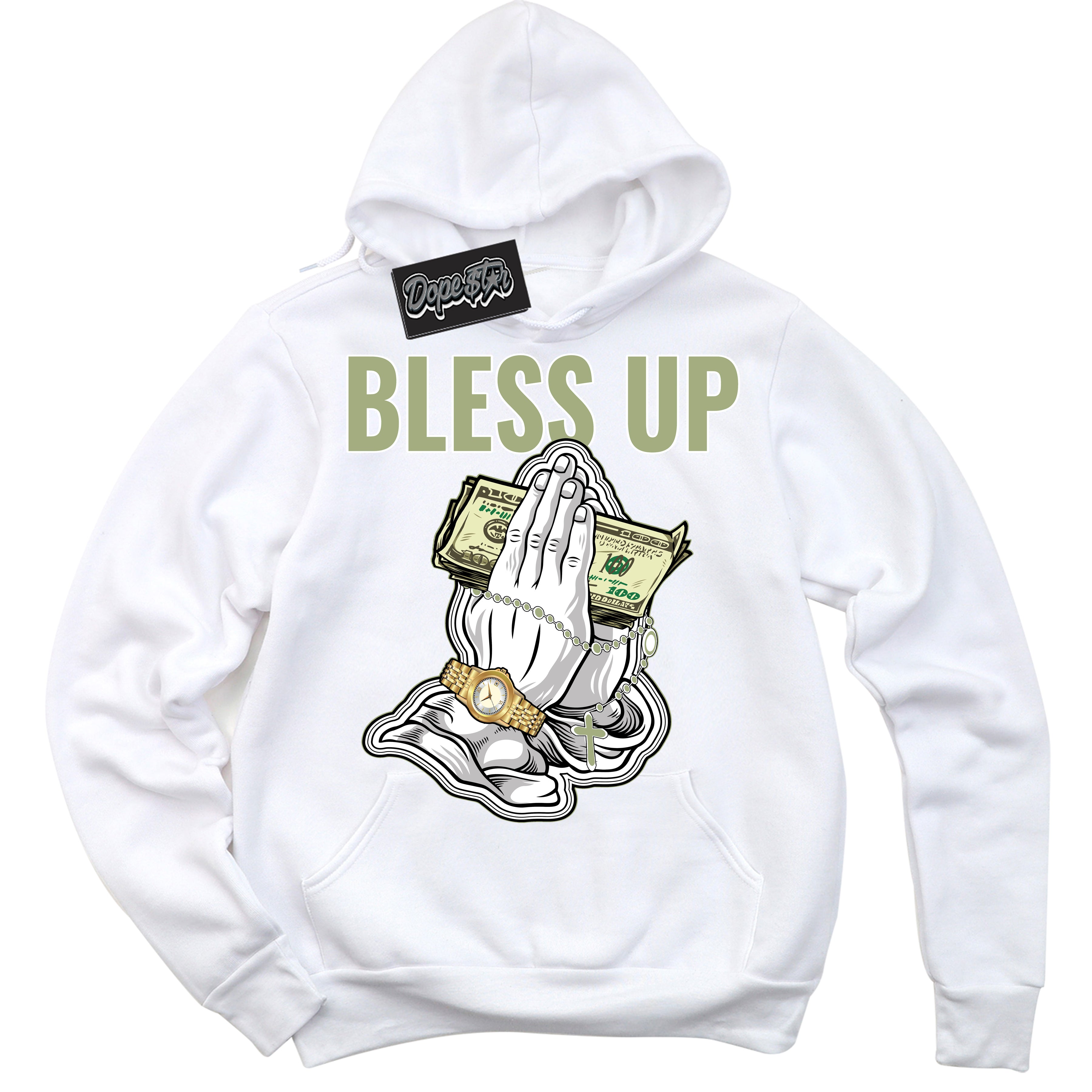 Cool White Hoodie with “ Bless Up ”  design that Perfectly Matches Safari Oil Green Dunk.
