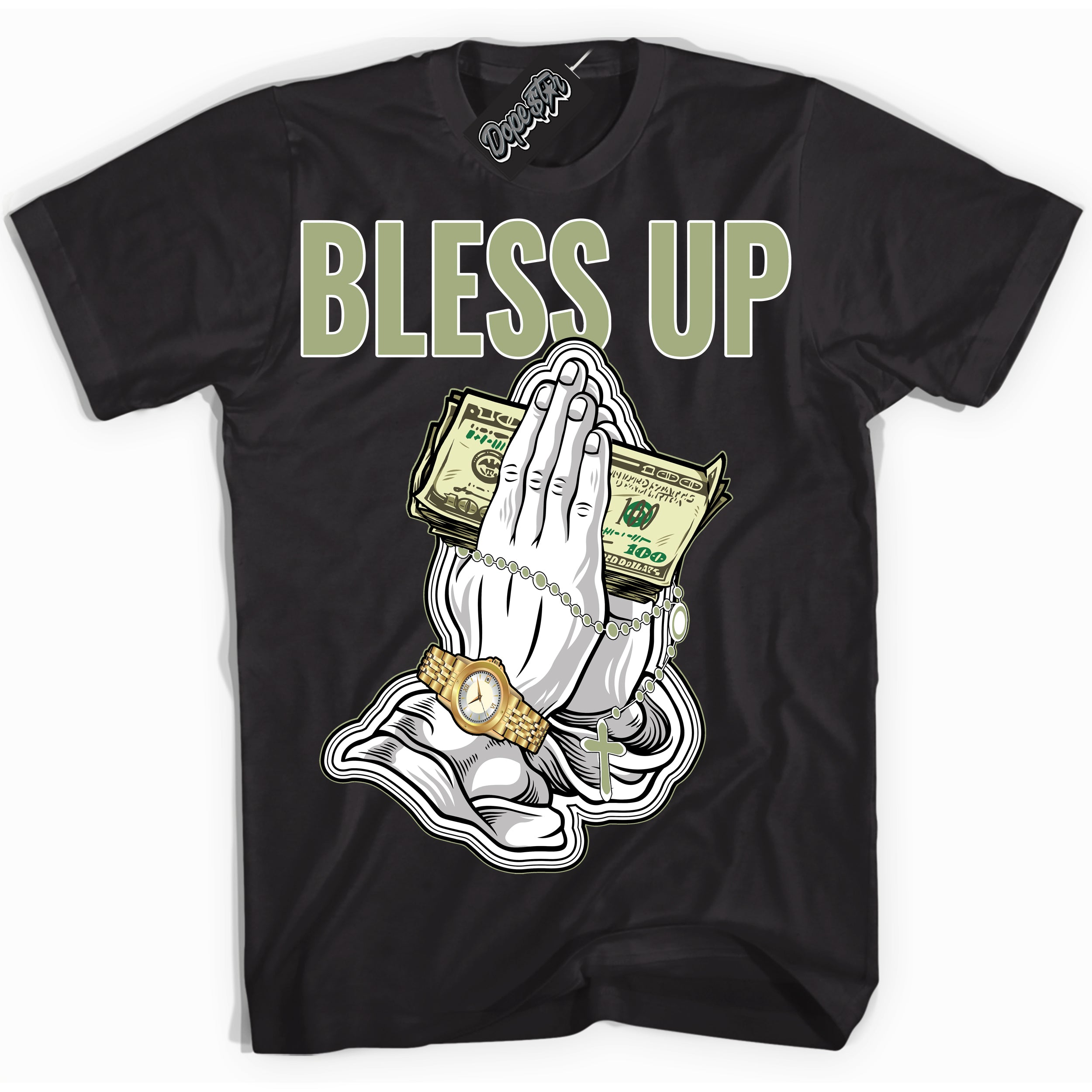 Cool Black Shirt with “ Bless Up ” design that perfectly matches Safari Oil Green Dunk.
