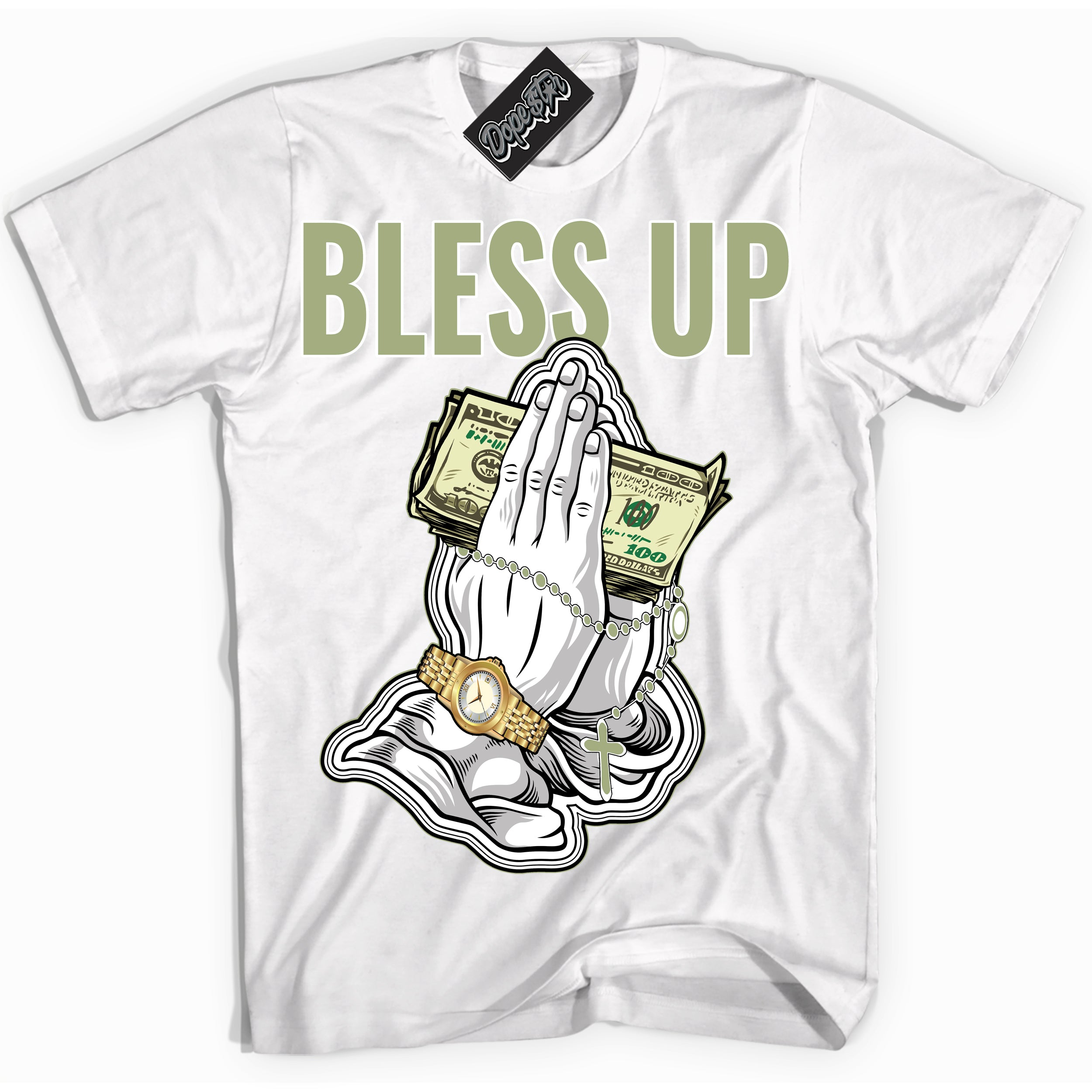 Cool White Shirt with “ Bless Up ” design that perfectly matches Safari Oil Green Dunk.