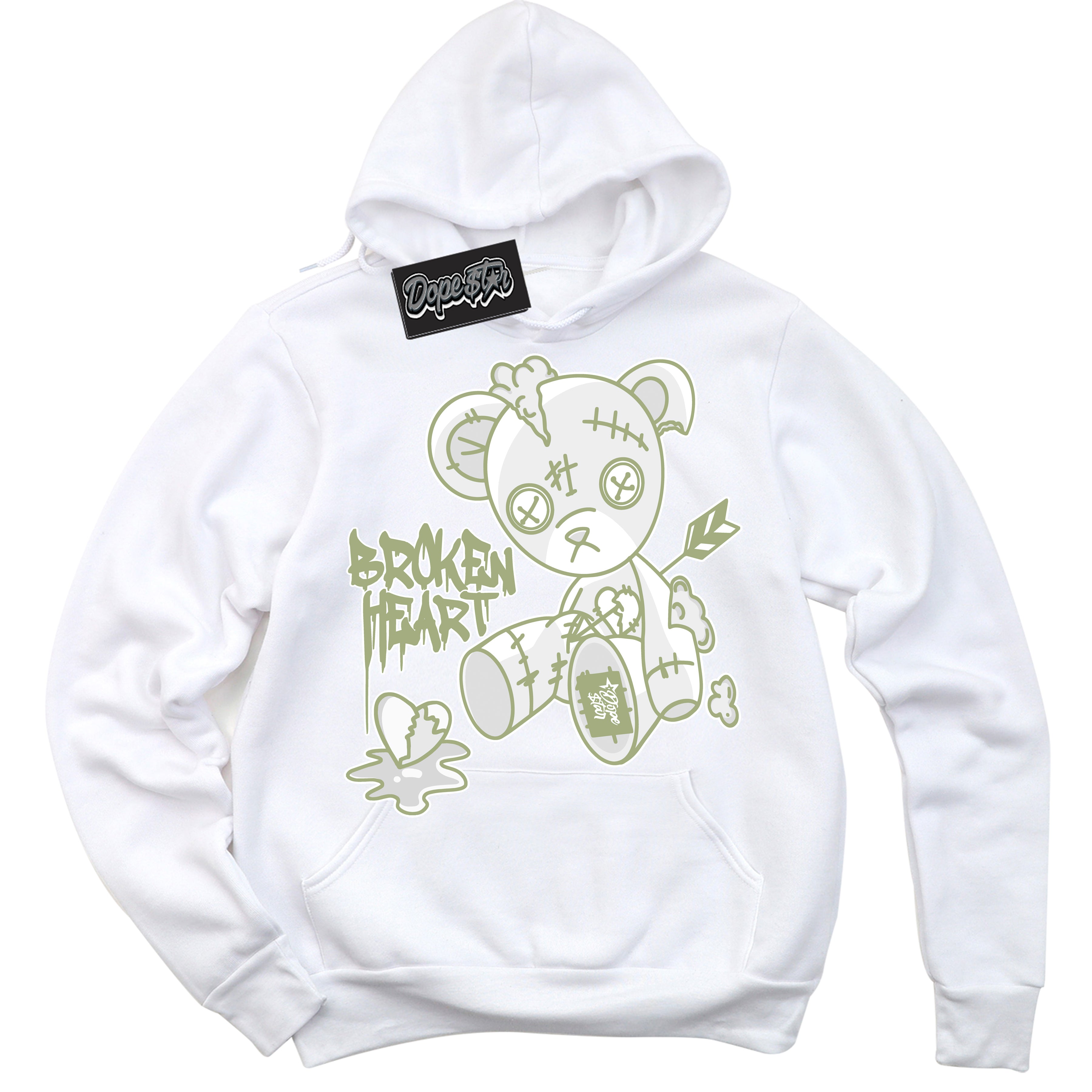 Cool White Hoodie with “ Broken Heart Bear ”  design that Perfectly Matches Safari Oil Green Dunk.
