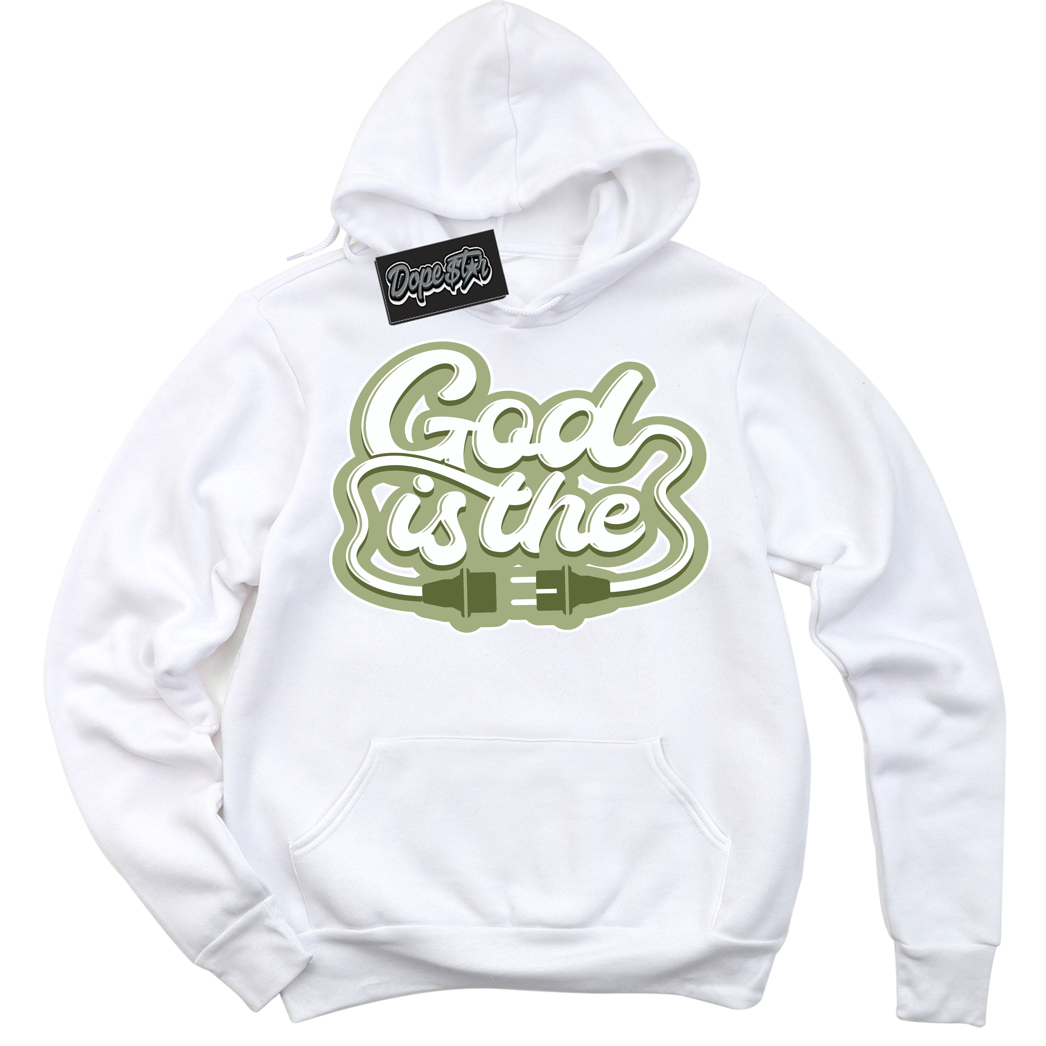 Cool White Hoodie with “ God Is The ”  design that Perfectly Matches Safari Oil Green Dunk.
