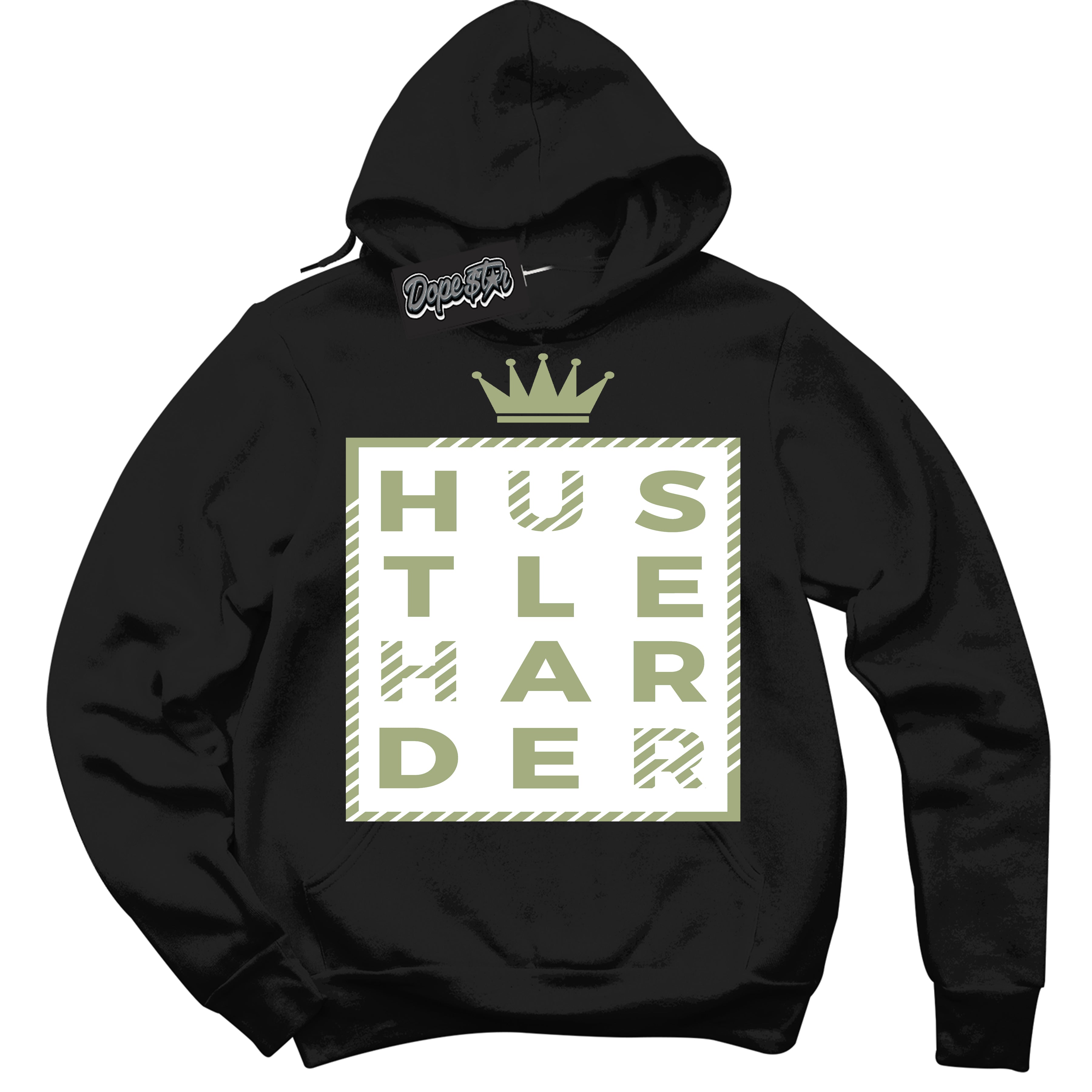 Cool Black Hoodie with “ Hustle Harder ”  design that Perfectly Matches Safari Oil Green Dunk.
